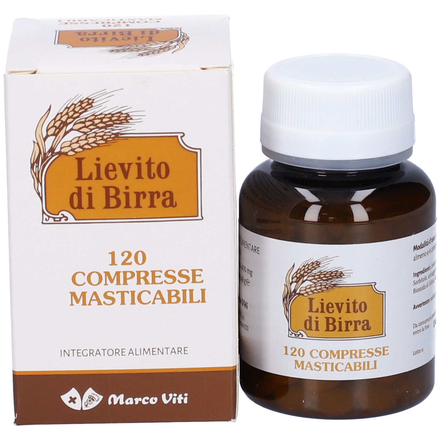 Flacone e scatola di compresse marroni. Scritta: Lievito di Birra, 120 Compresse. Marchio: Marco Viti.