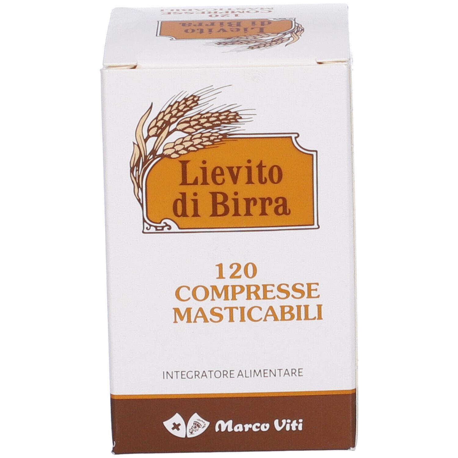 Scatola bianca con scritta: Lievito di Birra, 120 Compresse. Marchio: Marco Viti.