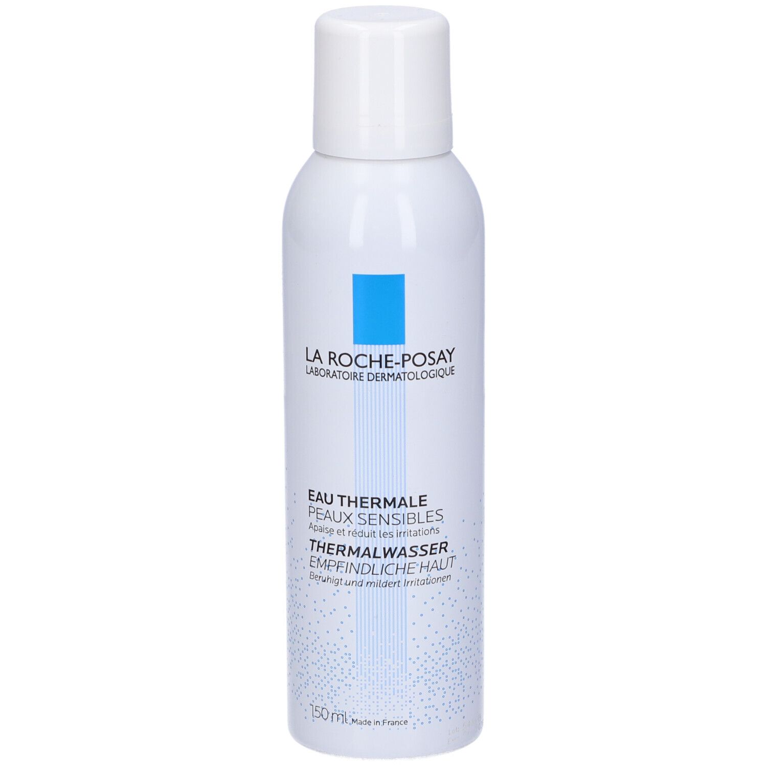 Flacone spray bianco con quadrato blu. Scritta: La Roche-Posay, Eau Thermale, Thermalwasser, 150ml.