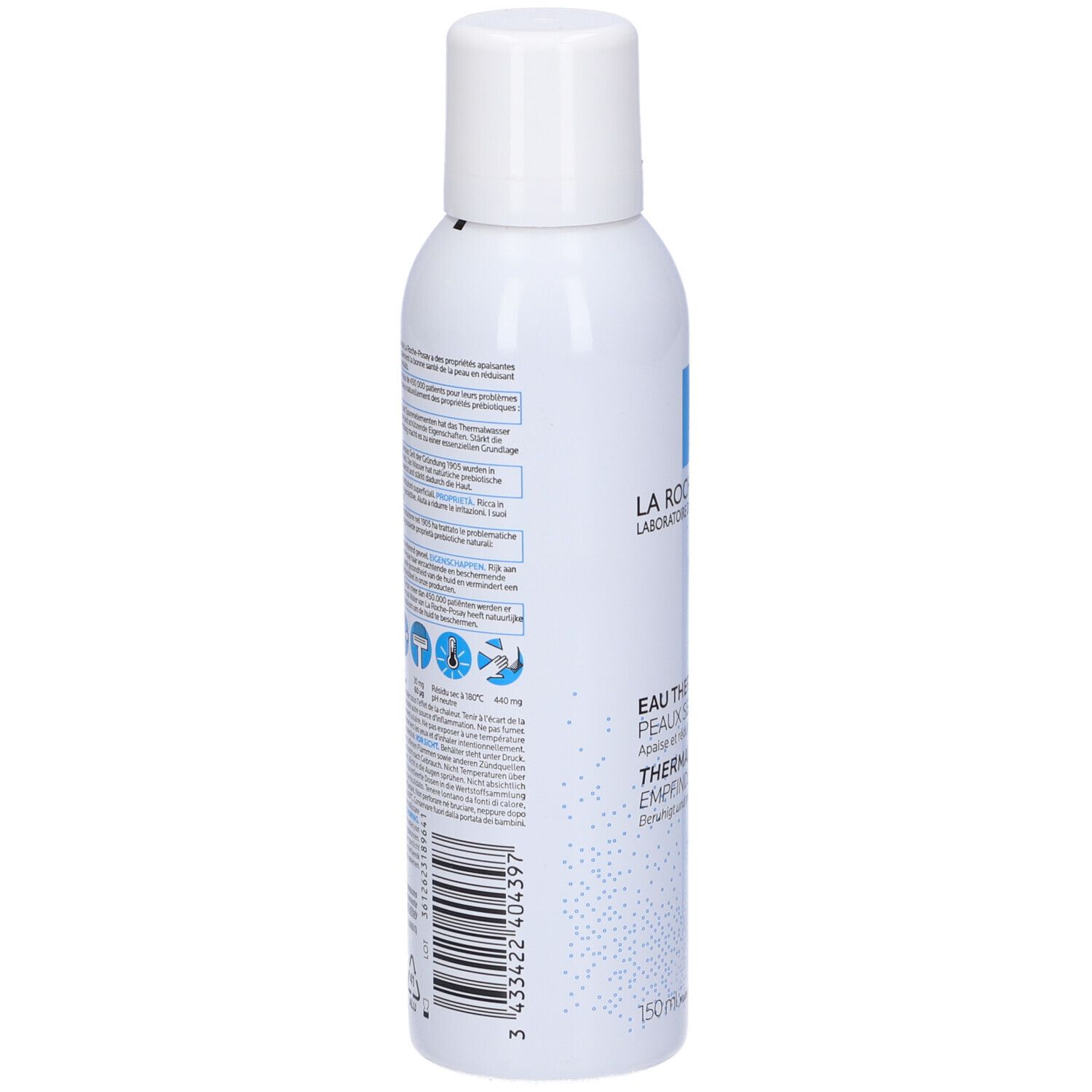Flacone spray bianco, retro. Scritte e simboli. Codice a barre e 150ml.