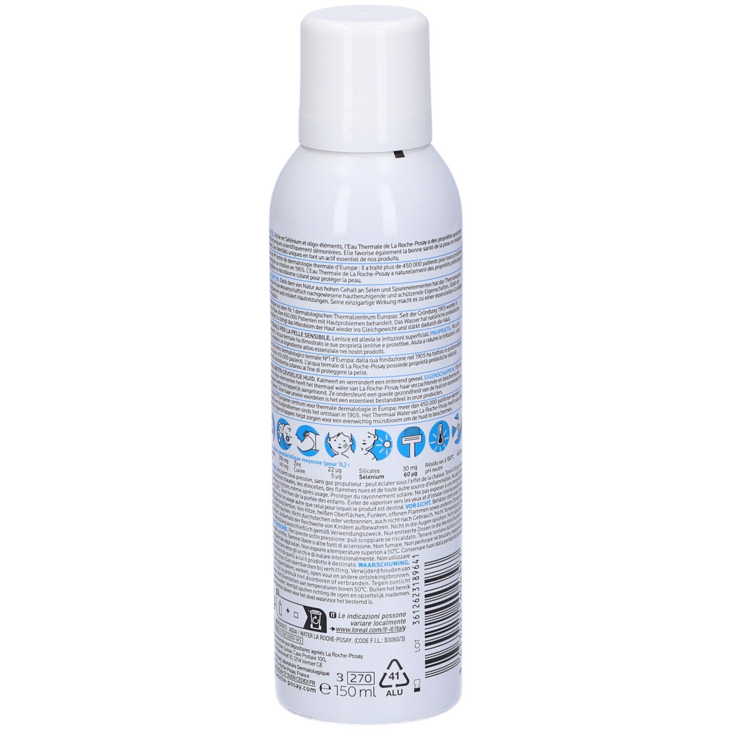 Flacone spray bianco, retro. Scritte e simboli. Codice a barre e 150ml.