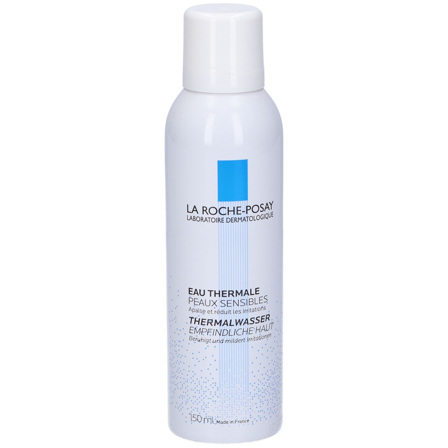 Flacone spray bianco con quadrato blu. Scritta: La Roche-Posay, Eau Thermale, Thermalwasser, 150ml.