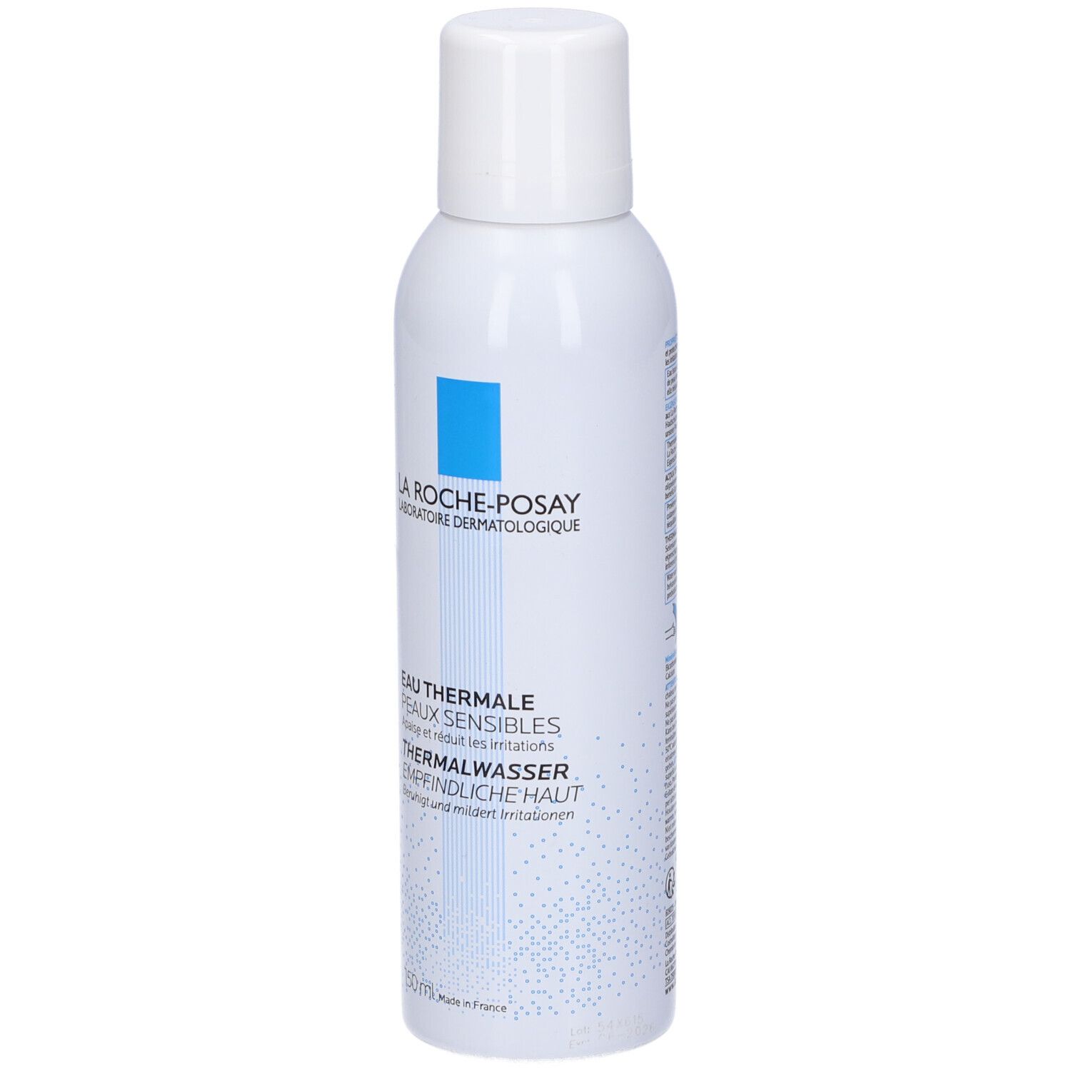 Flacone spray bianco con quadrato blu. Scritta: La Roche-Posay, Eau Thermale, Thermalwasser, 150ml.