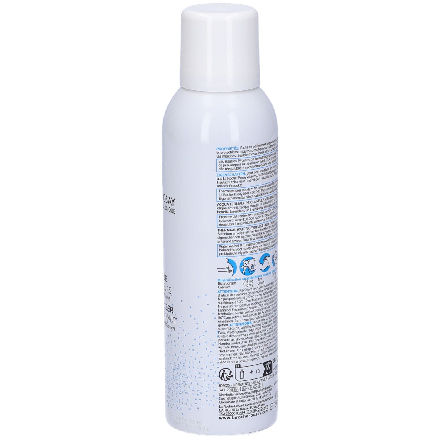 Flacone spray bianco, retro. Scritte e simboli. Codice a barre e 150ml.