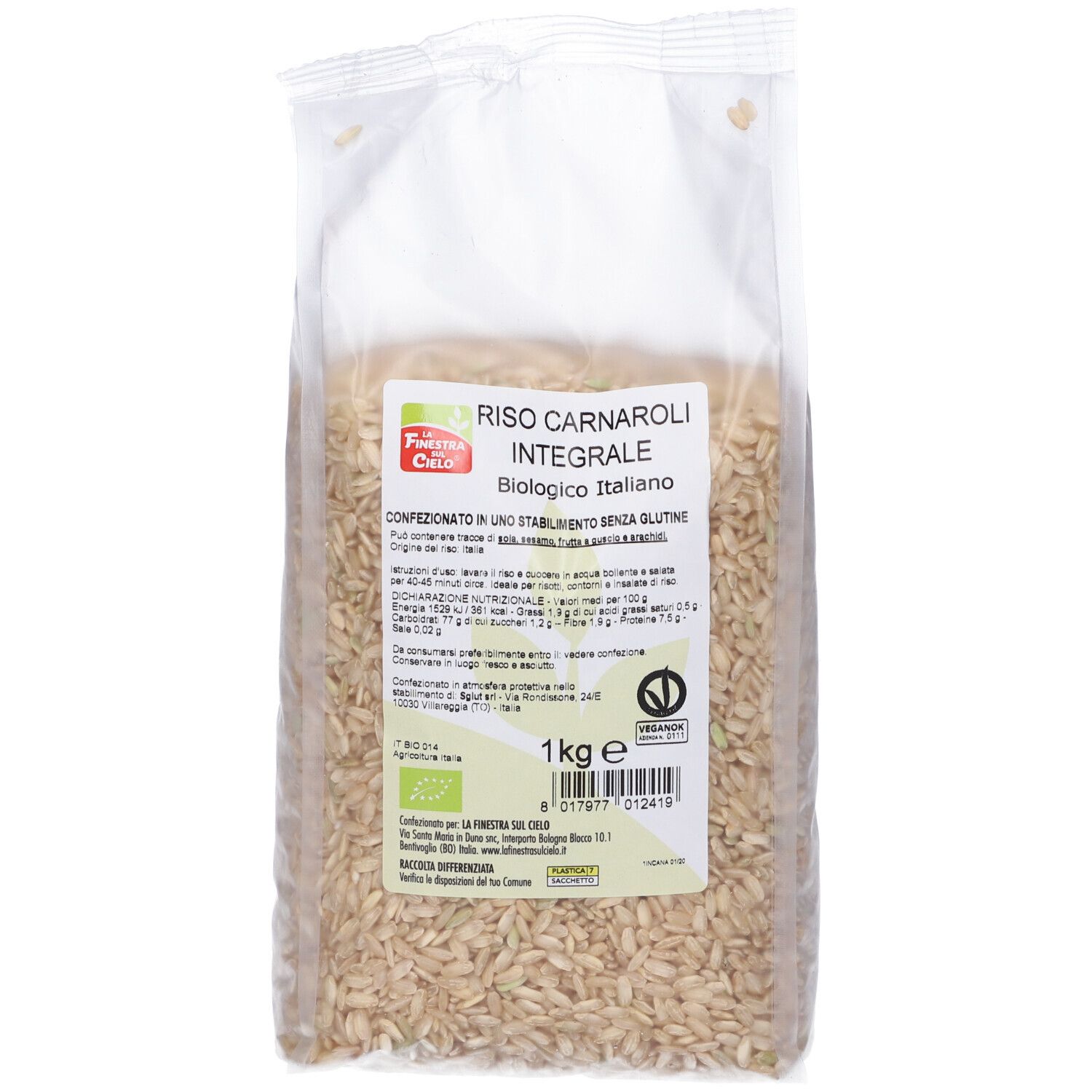 Sacchetto trasparente di riso. Scritta: Riso Carnaroli Integrale. Etichetta con testo e certificazione. Peso: 1 kg.