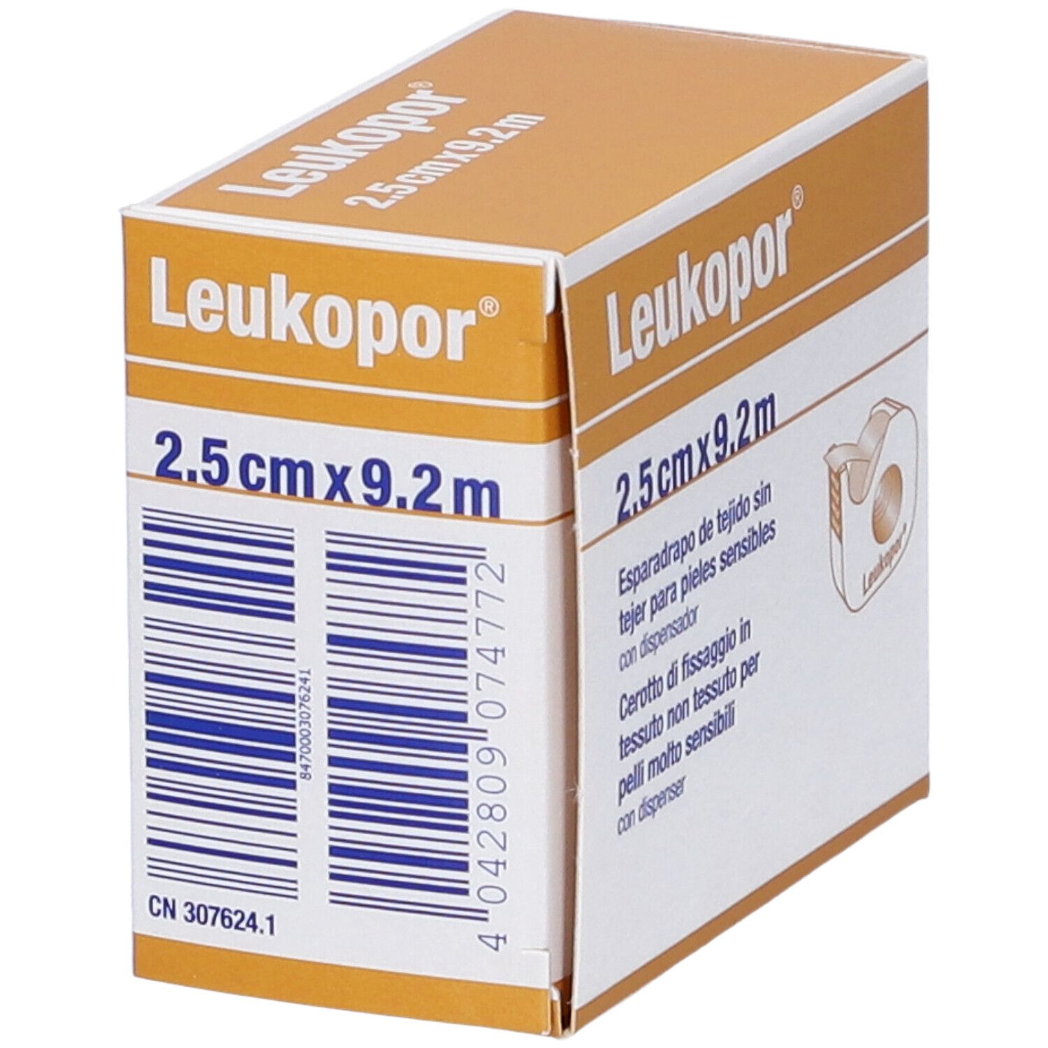 Leukopor® Pflasterrolle 2,5cm x 9,2m, weiß, mit Spendereinheit und Barcode.