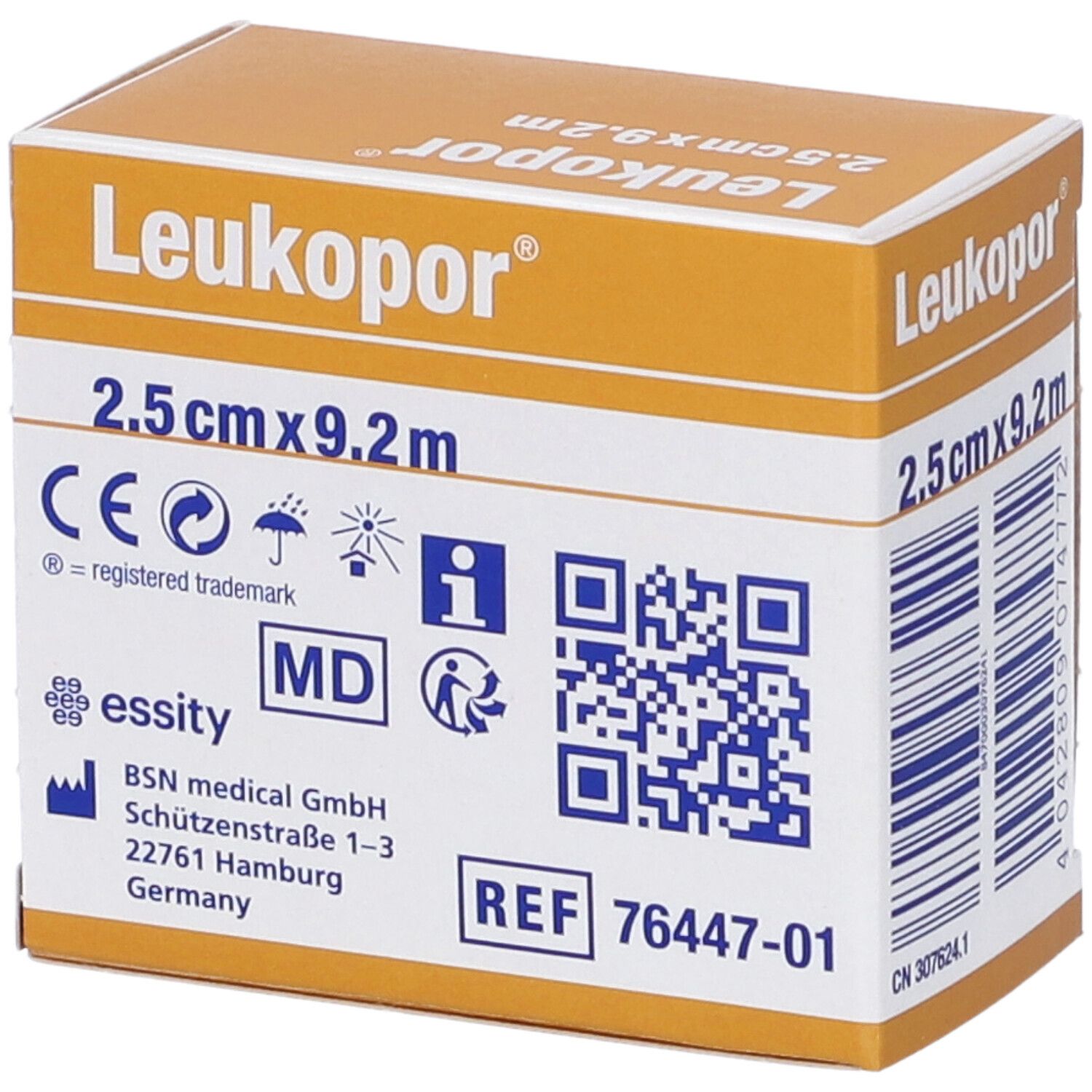 Leukopor® Pflasterrolle 2,5cm x 9,2m, weiß, mit CE, MD und Essity Logo.
