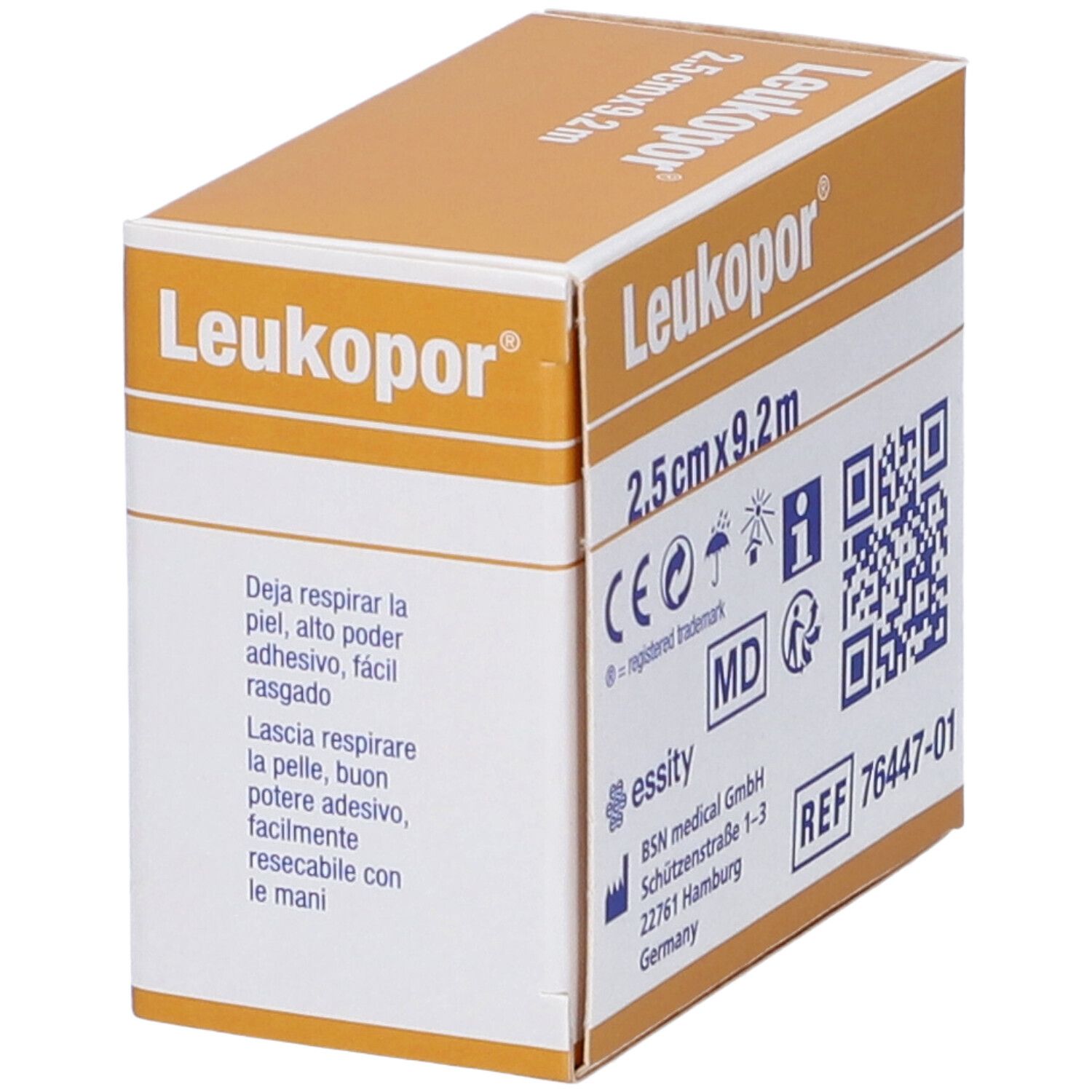 Leukopor® Pflasterrolle 2,5cm x 9,2m, weiß, mit CE, MD und Essity Logo.