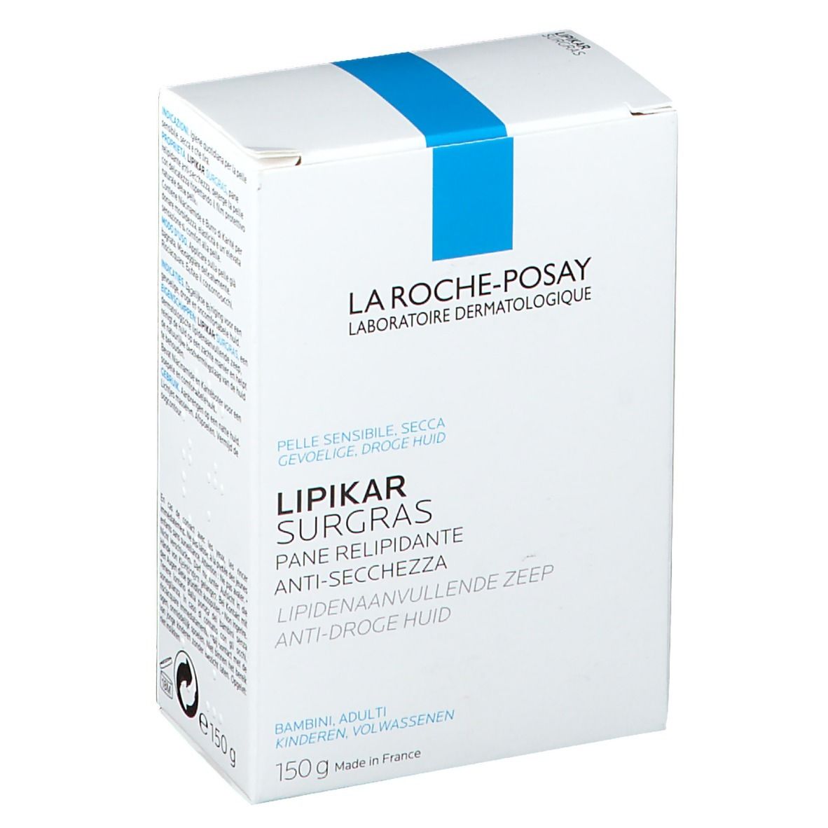 La Roche-Posay Lipikar Surgras. Confezione. Per pelli sensibili, secche. 150g. Testo multilingue.