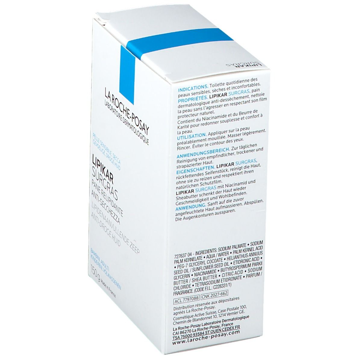 La Roche-Posay Lipikar Surgras. Confezione. Vista laterale. Testo multilingue, 150g.