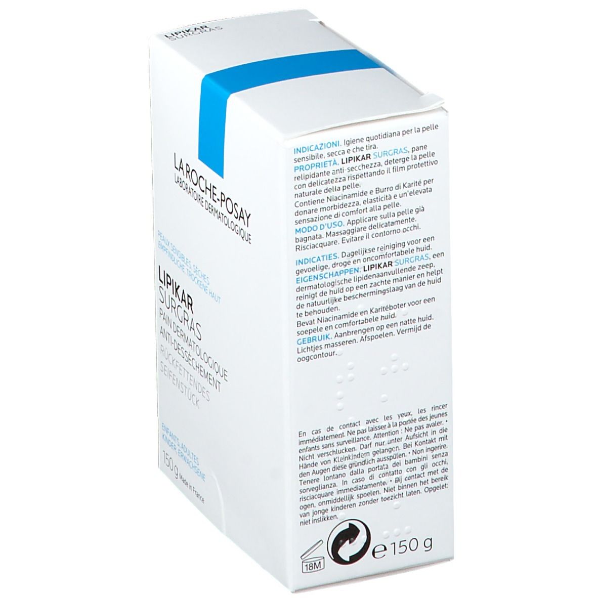 La Roche-Posay Lipikar Surgras. Confezione. Vista laterale. Testo multilingue, 150g.