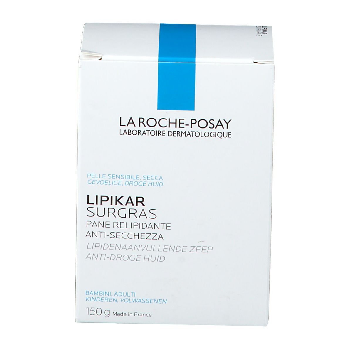 La Roche-Posay Lipikar Surgras. Confezione. Vista dall'alto. Testo multilingue, 150g.
