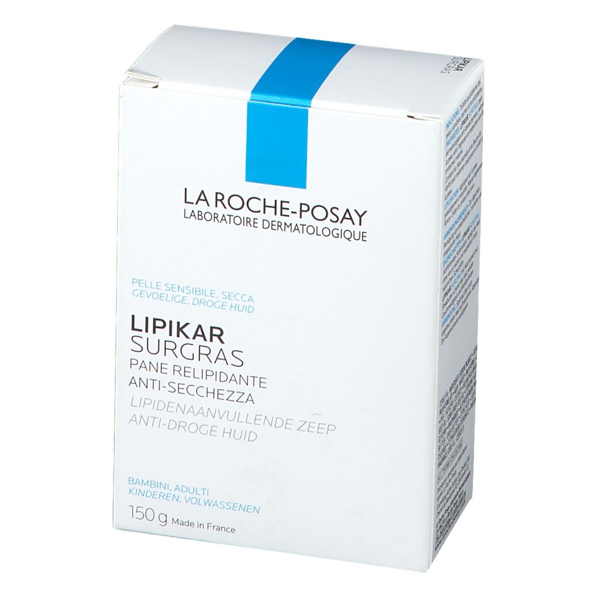 La Roche-Posay Lipikar Surgras. Confezione. Vista laterale. Testo multilingue, 150g.