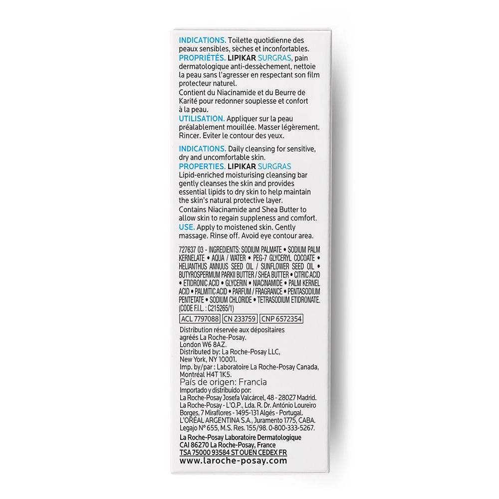 Retro confezione La Roche-Posay Lipikar Surgras. Testo in italiano, ingredienti, informazioni produttore.