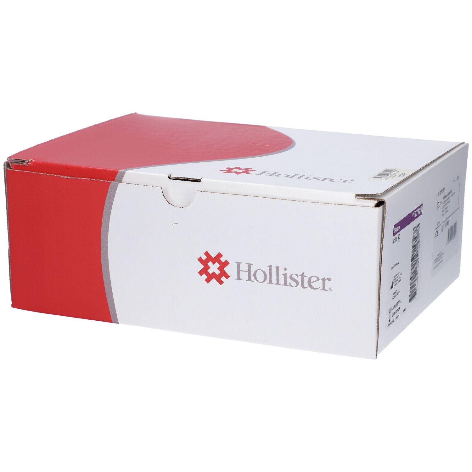 Scatola bianca e rossa. Logo Hollister. Informazioni sul prodotto stampate.
