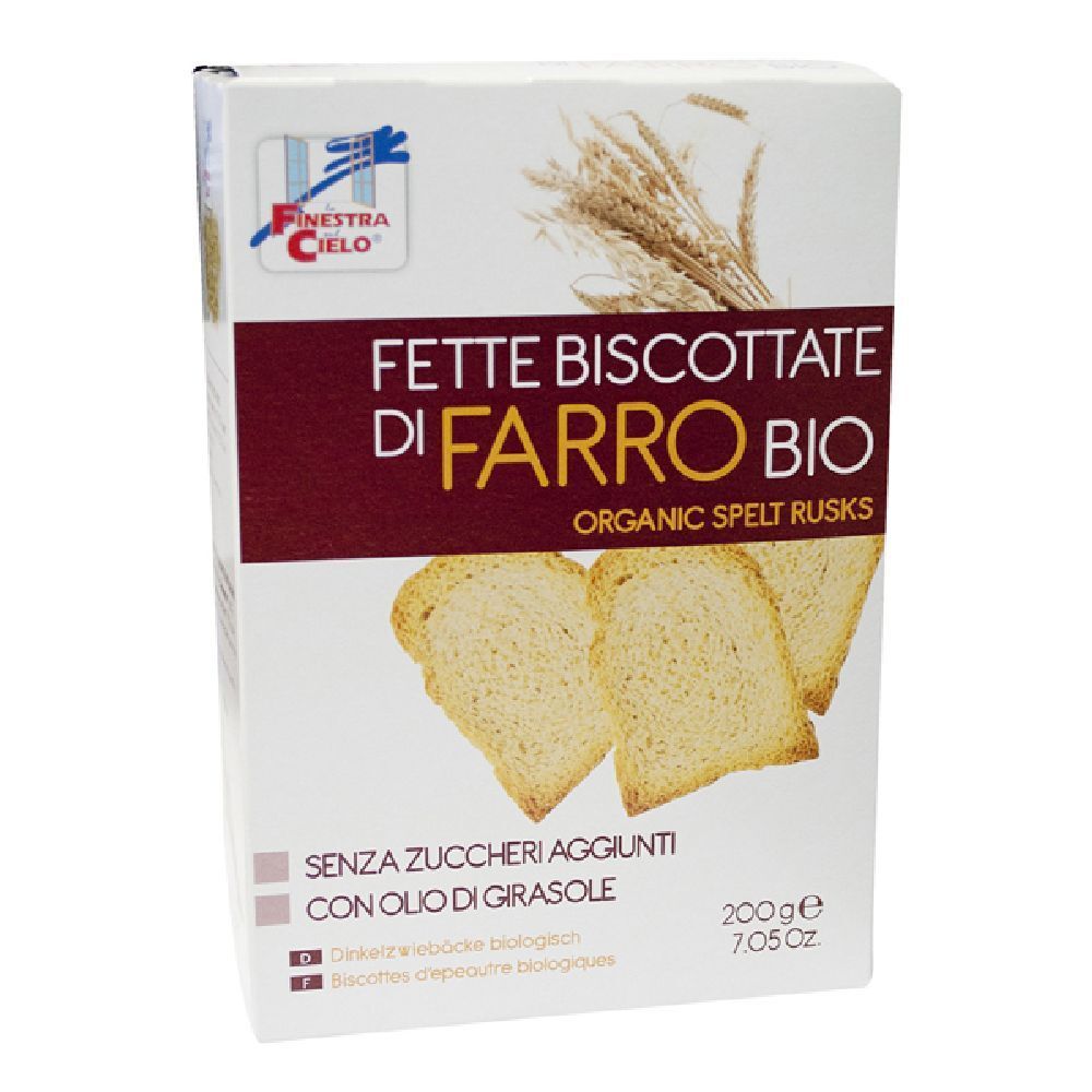 Confezione di Fette Biscottate di Farro Bio. Scritta: "Fette Biscottate di Farro Bio". Contiene 200g. Con olio di girasole.