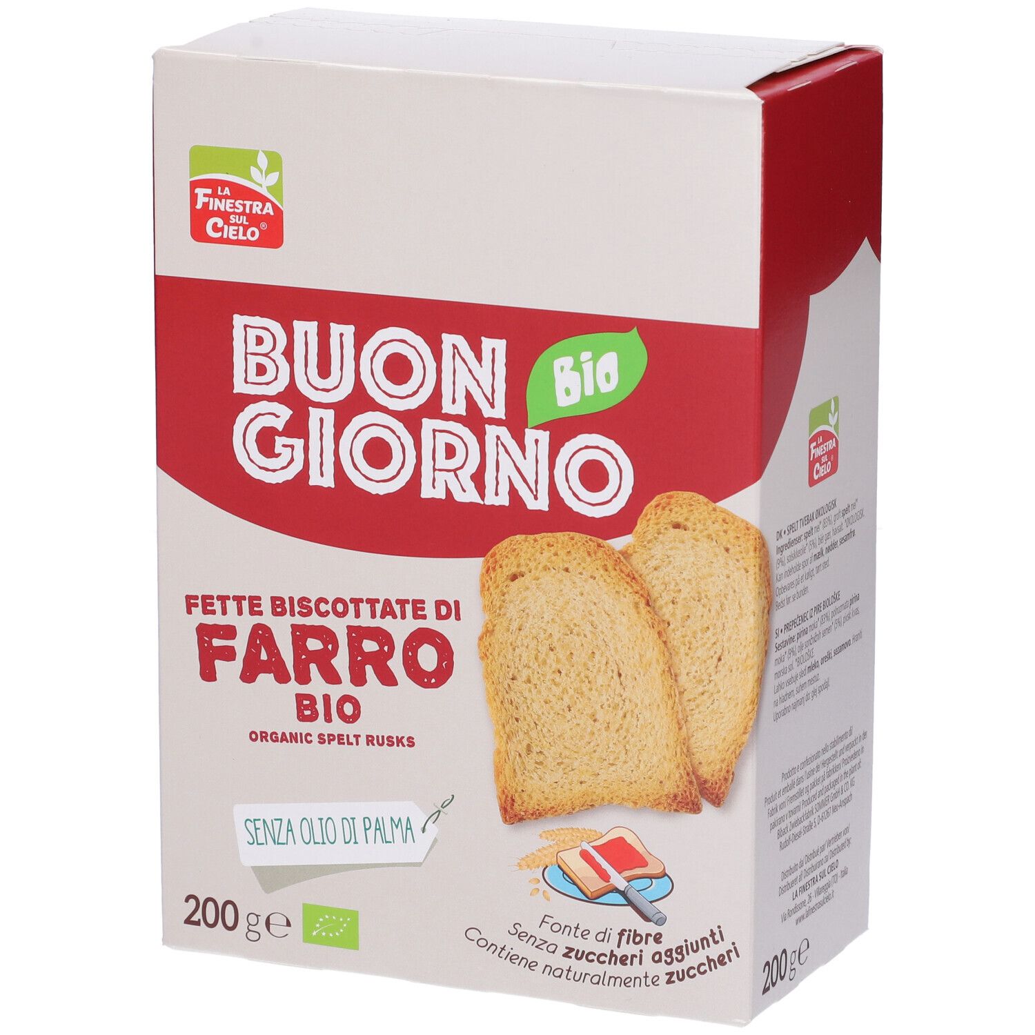 Confezione di Fette Biscottate di Farro Bio. Scritta: "Buon Giorno Bio". Contiene 200g. Senza olio di palma.