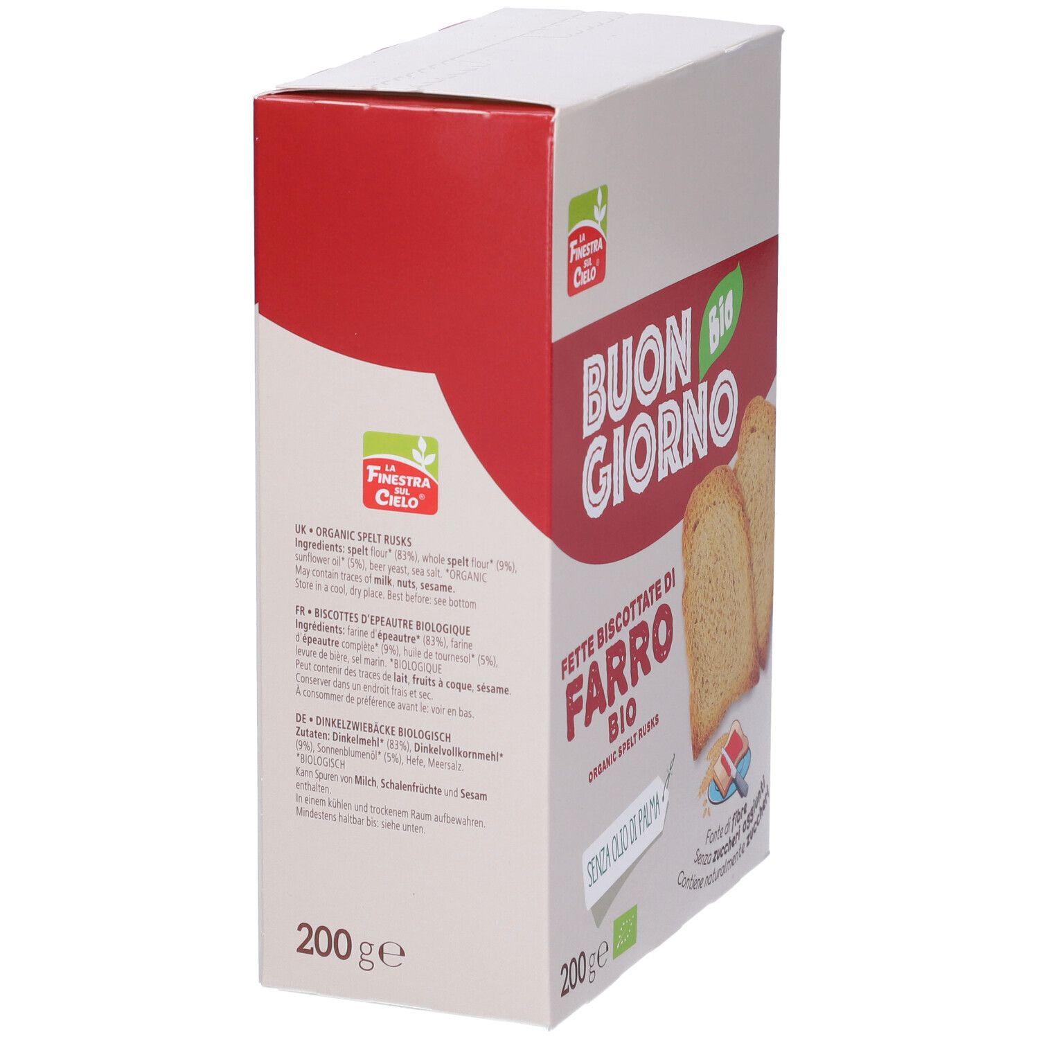 Confezione di Fette Biscottate di Farro Bio. Scritta: "Buon Giorno Bio". Contiene 200g. Vista laterale con testo e ingredienti.