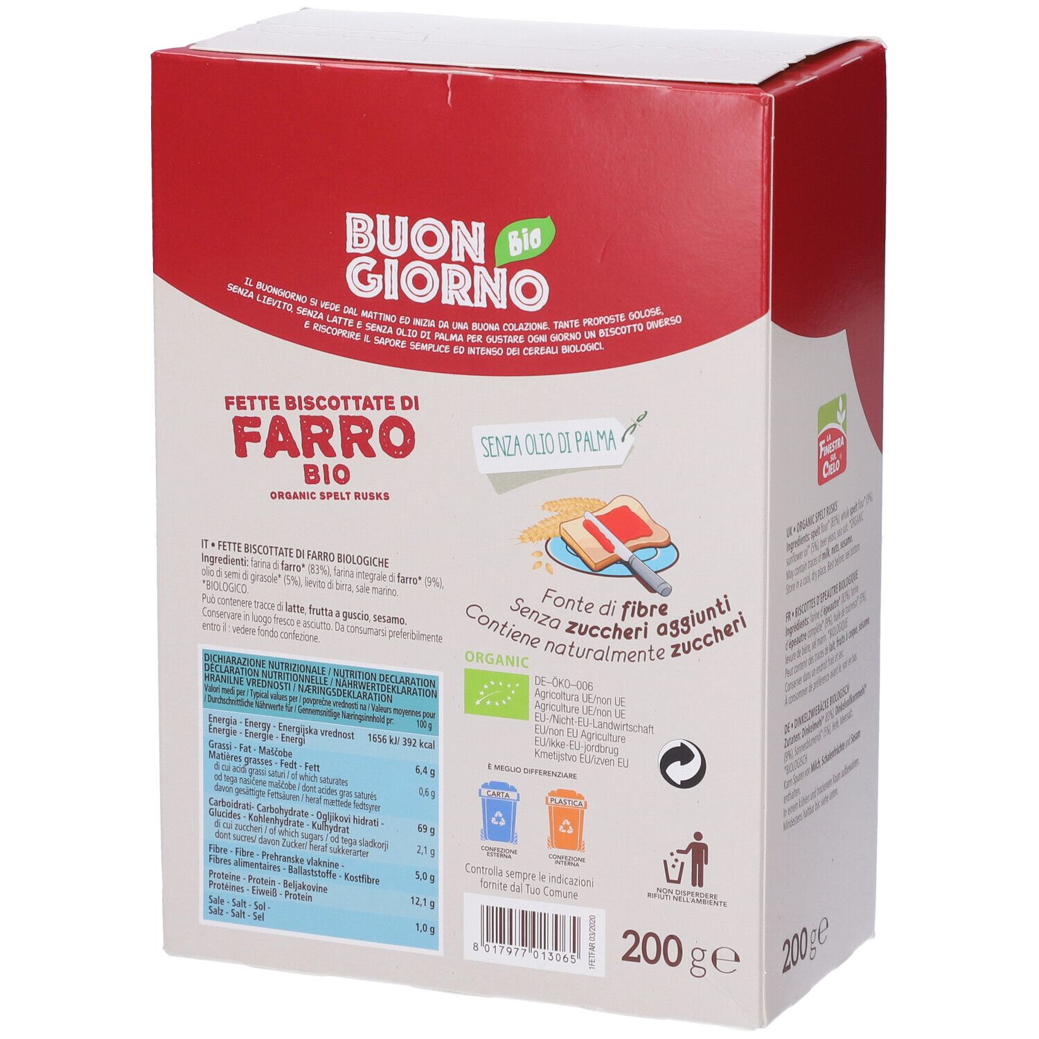 Confezione di Fette Biscottate di Farro Bio. Scritta: "Buon Giorno Bio". Contiene 200g. Retro con informazioni nutrizionali.