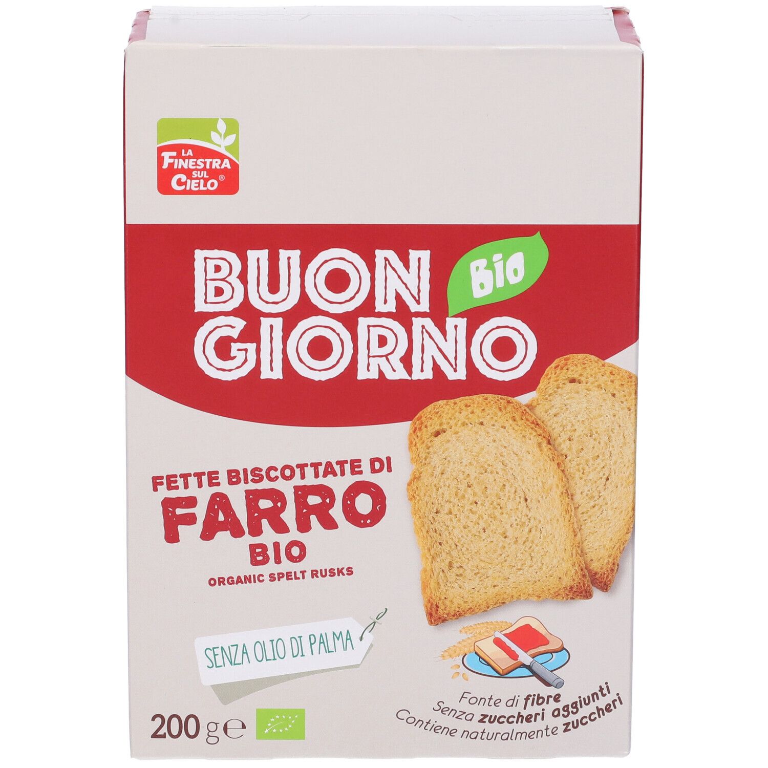 Confezione di Fette Biscottate di Farro Bio. Scritta: "Buon Giorno Bio". Contiene 200g. Senza olio di palma. Con due fette biscottate.