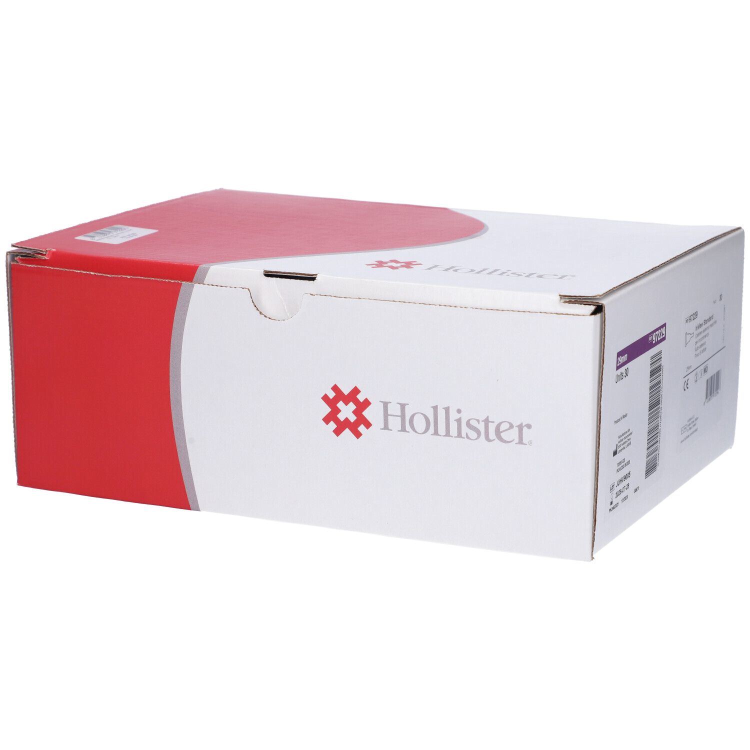 Confezione in cartone. Bianca e rossa. Logo: Hollister. Stampe e codice a barre.
