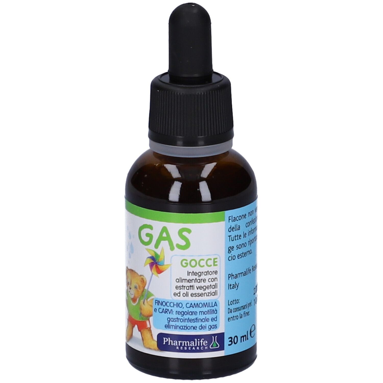 Braune Glasflasche mit schwarzem Tropfer. Aufschrift GAS Gocce. Mit Illustration eines Bären mit Windrad.
