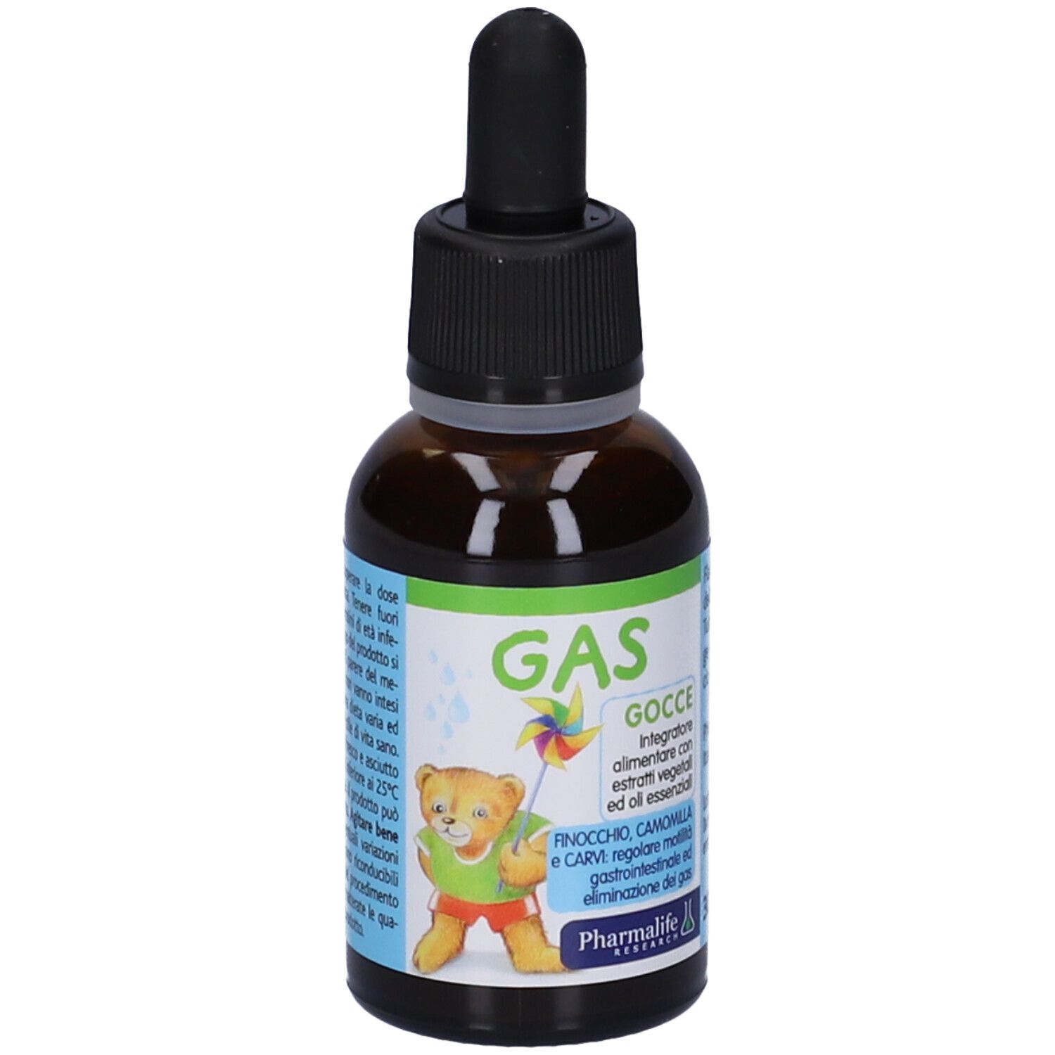 Braune Glasflasche mit schwarzem Tropfer. Aufschrift GAS Gocce. Mit Illustration eines Bären mit Windrad.