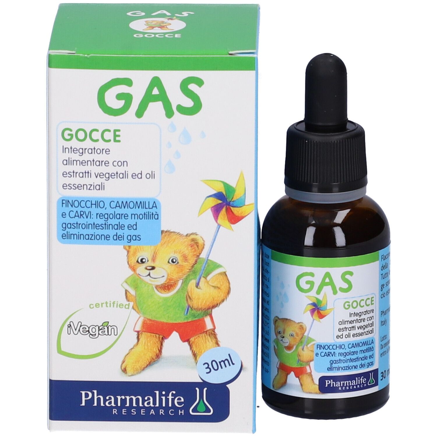 Braune Glasflasche mit Tropfer und Karton. Aufschrift GAS Gocce. Mit Illustration eines Bären mit Windrad.