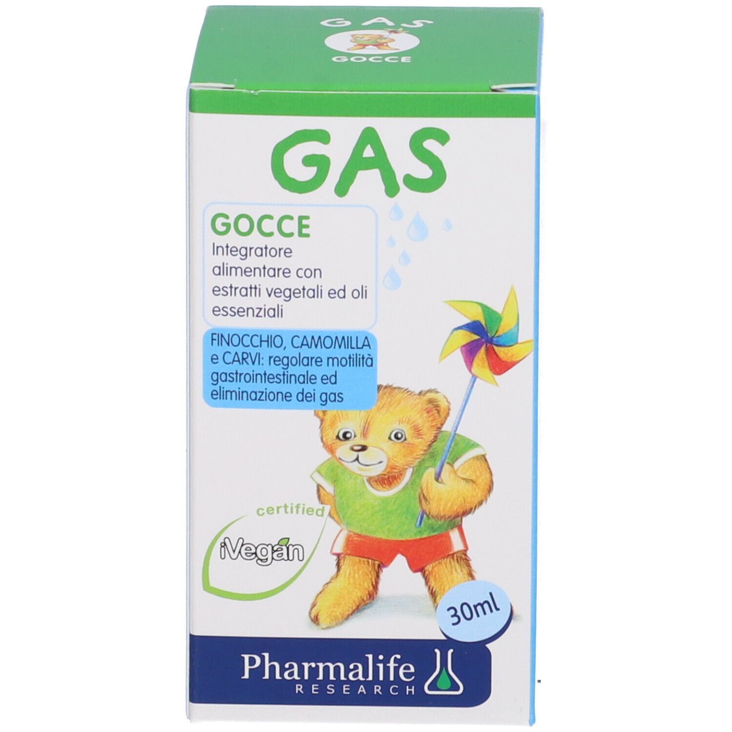Karton mit Aufschrift GAS Gocce. Mit Illustration eines Bären mit Windrad. Mit Veganes-Zertifizierung.