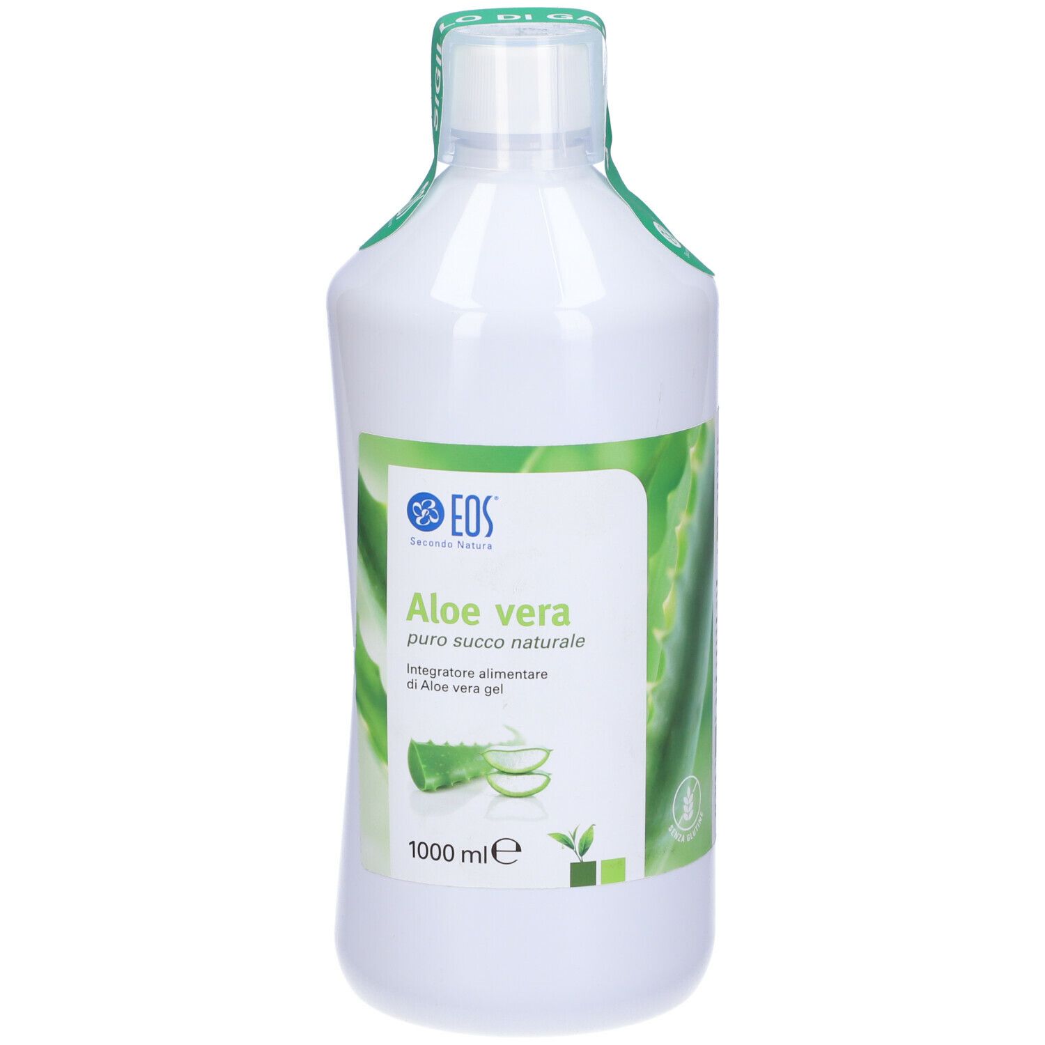 Bottiglia bianca con etichetta verde. Scritta: Aloe vera, logo. Sigillo sul collo.