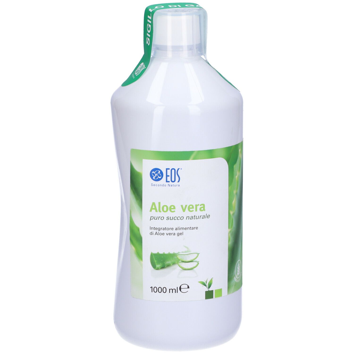 Bottiglia bianca con etichetta verde. Scritta: Aloe vera, logo. Sigillo sul collo.