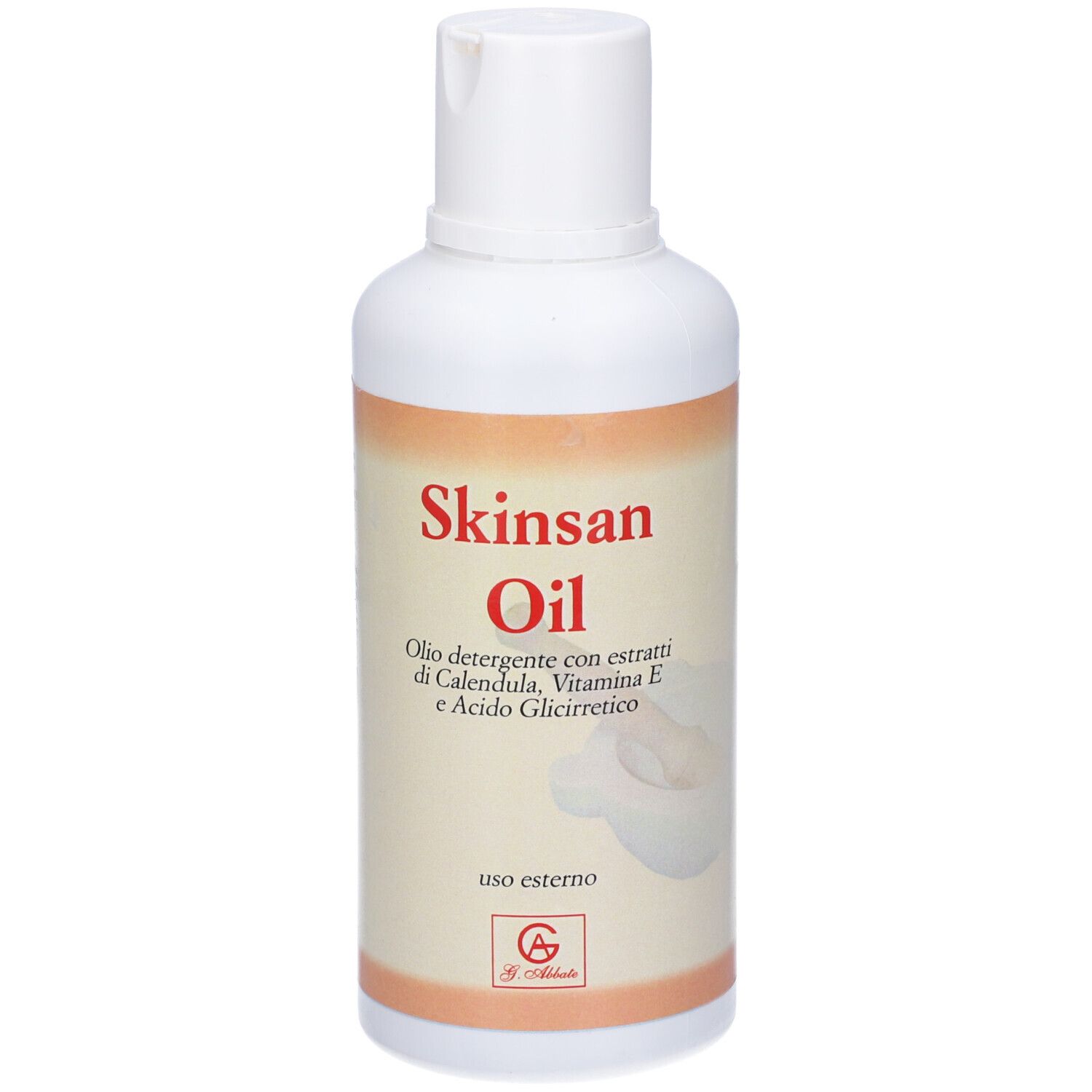 Flacone bianco con scritta Skinsan Oil. Testo: Olio detergente con estratti di Calendula, Vitamina E e Acido Glicirretico. Istruzioni per l'uso.