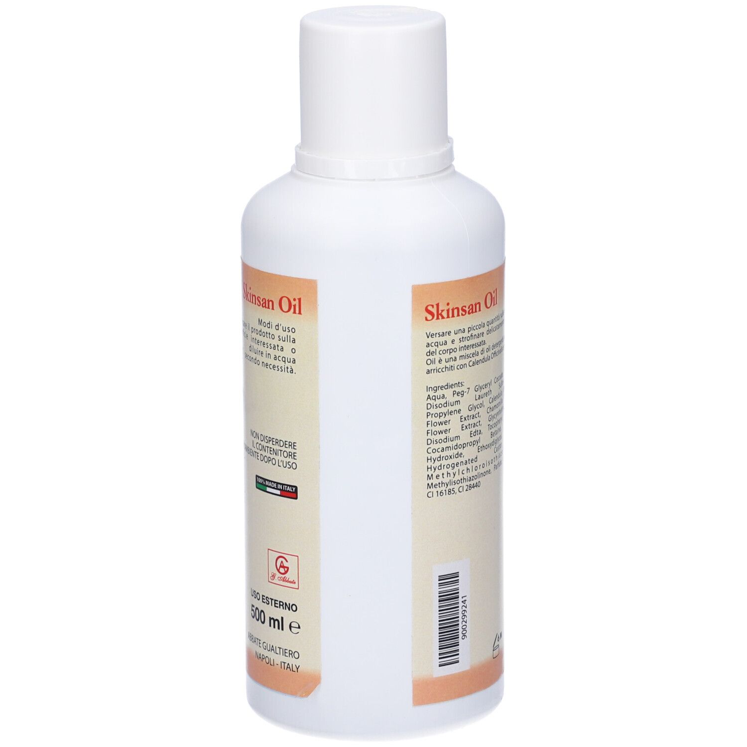 Retro del flacone bianco Skinsan Oil. Testo: Ingredienti, avvertenze, informazioni produttore. 500 ml.