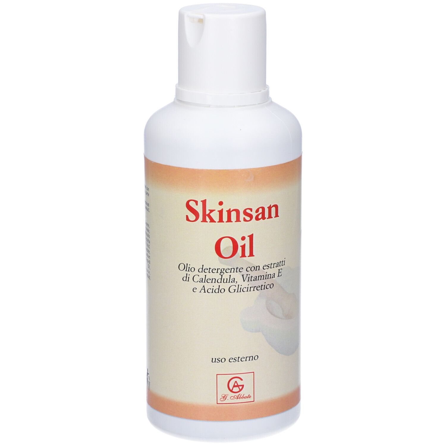 Flacone bianco con scritta Skinsan Oil. Testo: Olio detergente con estratti di Calendula, Vitamina E e Acido Glicirretico. Istruzioni per l'uso.