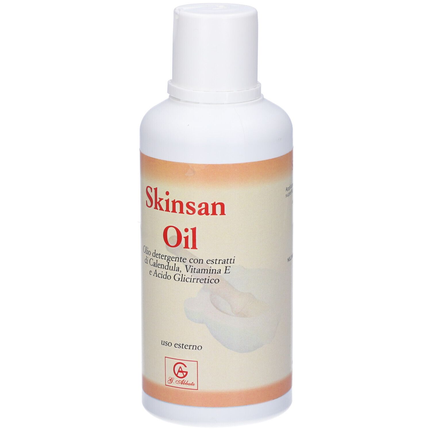 Flacone bianco con scritta Skinsan Oil. Testo: Olio detergente con estratti di Calendula, Vitamina E e Acido Glicirretico. Istruzioni per l'uso.