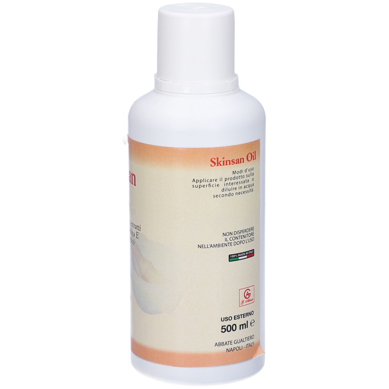 Flacone bianco Skinsan Oil. Testo: Istruzioni per l'uso. Non disperdere nell'ambiente. 500 ml. Prodotto in Italia.