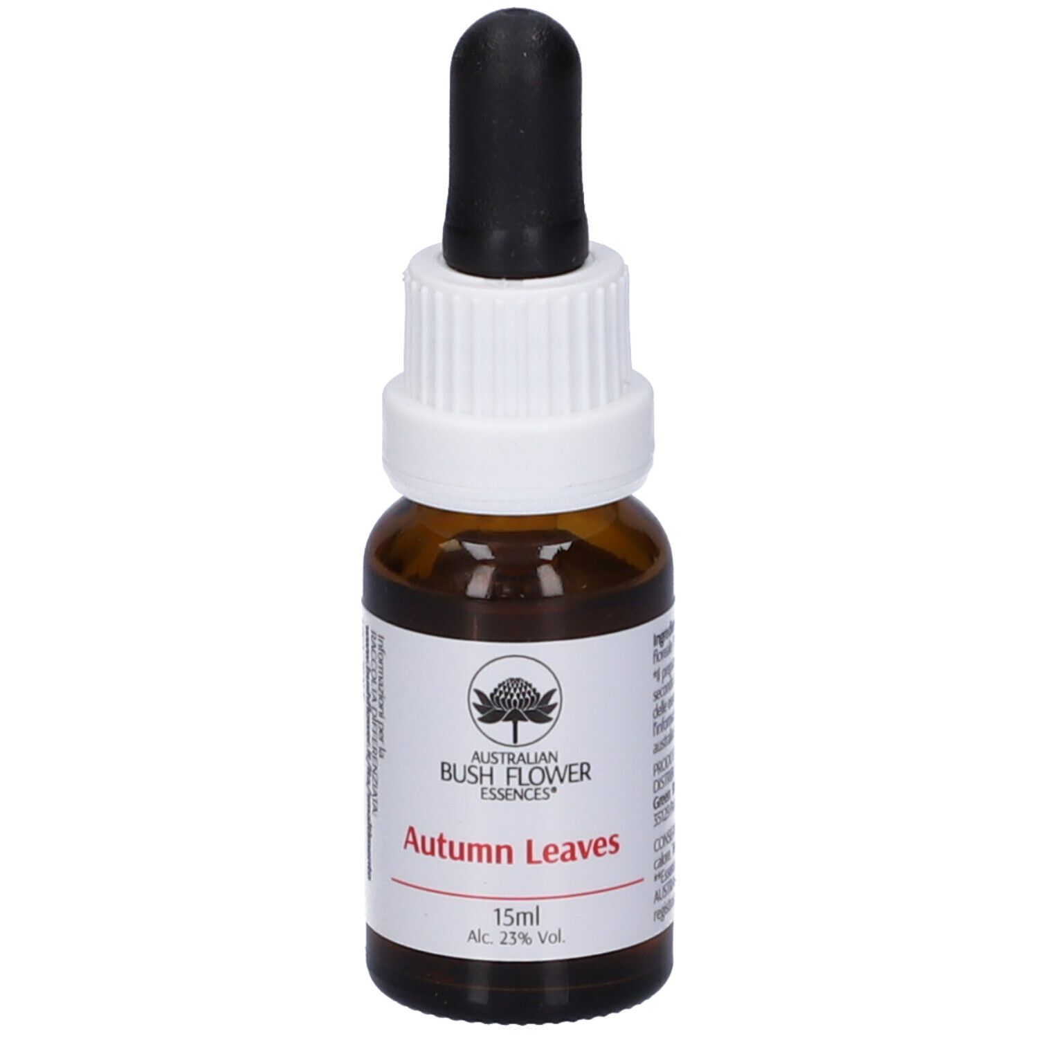 Flacone in vetro marrone con contagocce nero. Etichetta: Autumn Leaves, 15ml, Alc. 23% Vol.