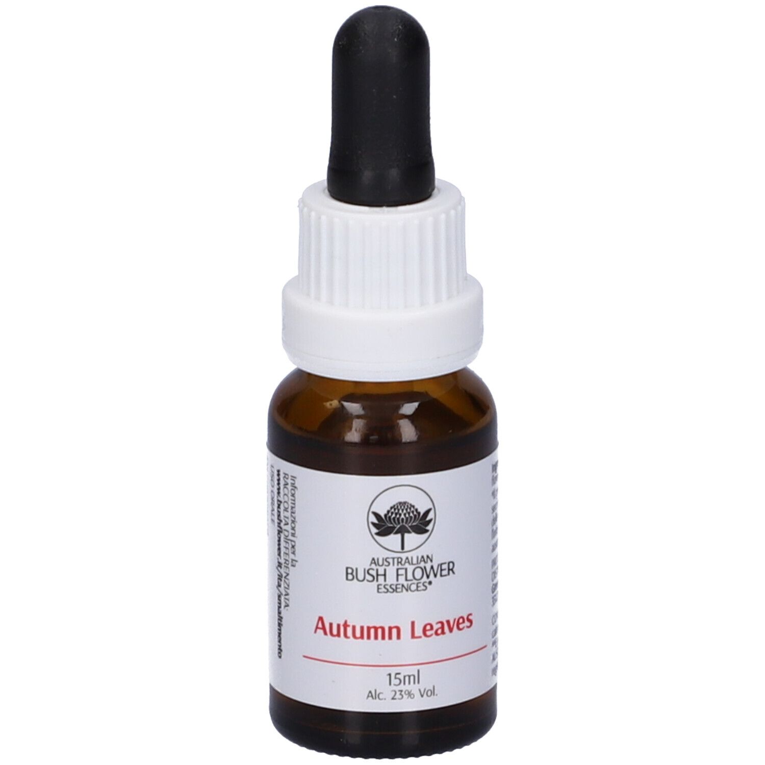 Flacone in vetro marrone con contagocce nero. Etichetta: Autumn Leaves, 15ml, Alc. 23% Vol.