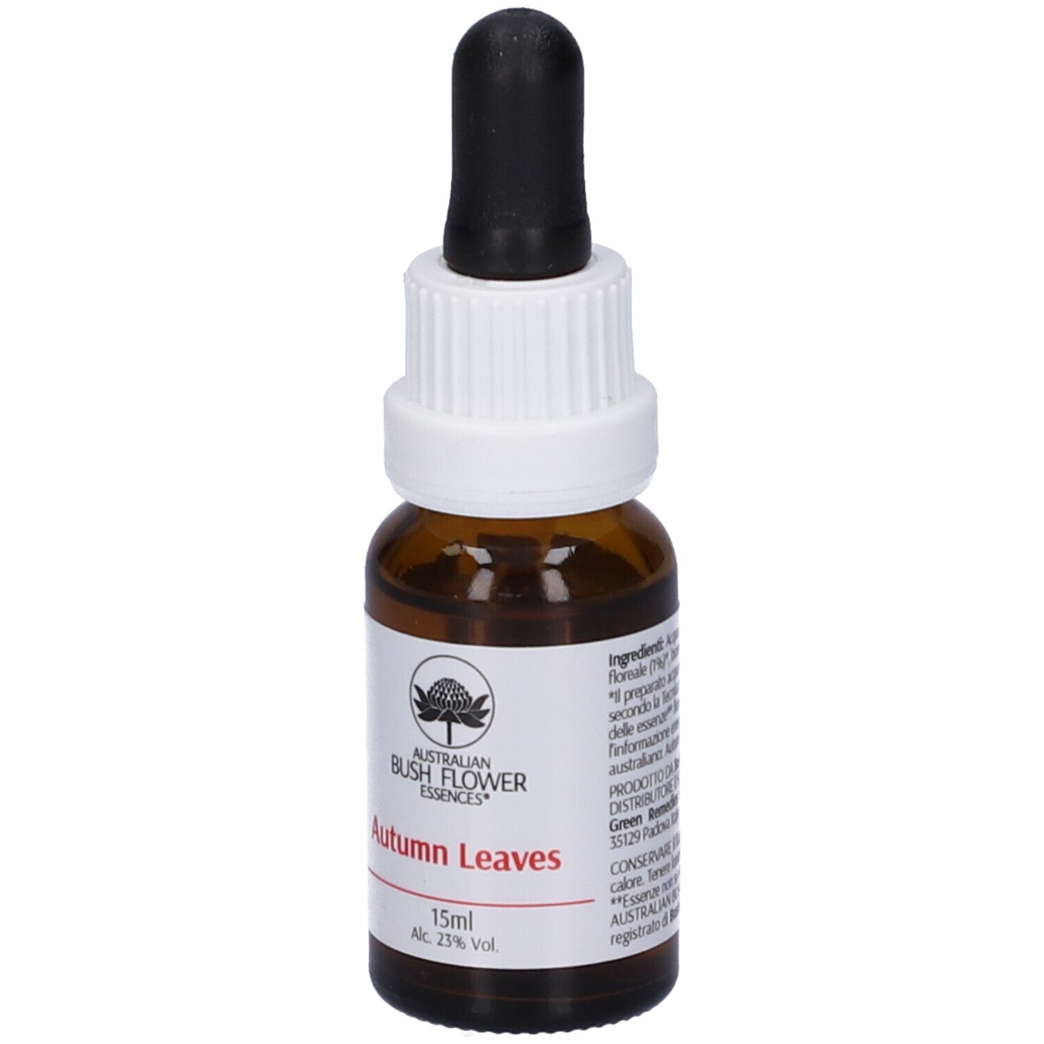 Flacone in vetro marrone con contagocce nero. Etichetta: Autumn Leaves, 15ml, Alc. 23% Vol.