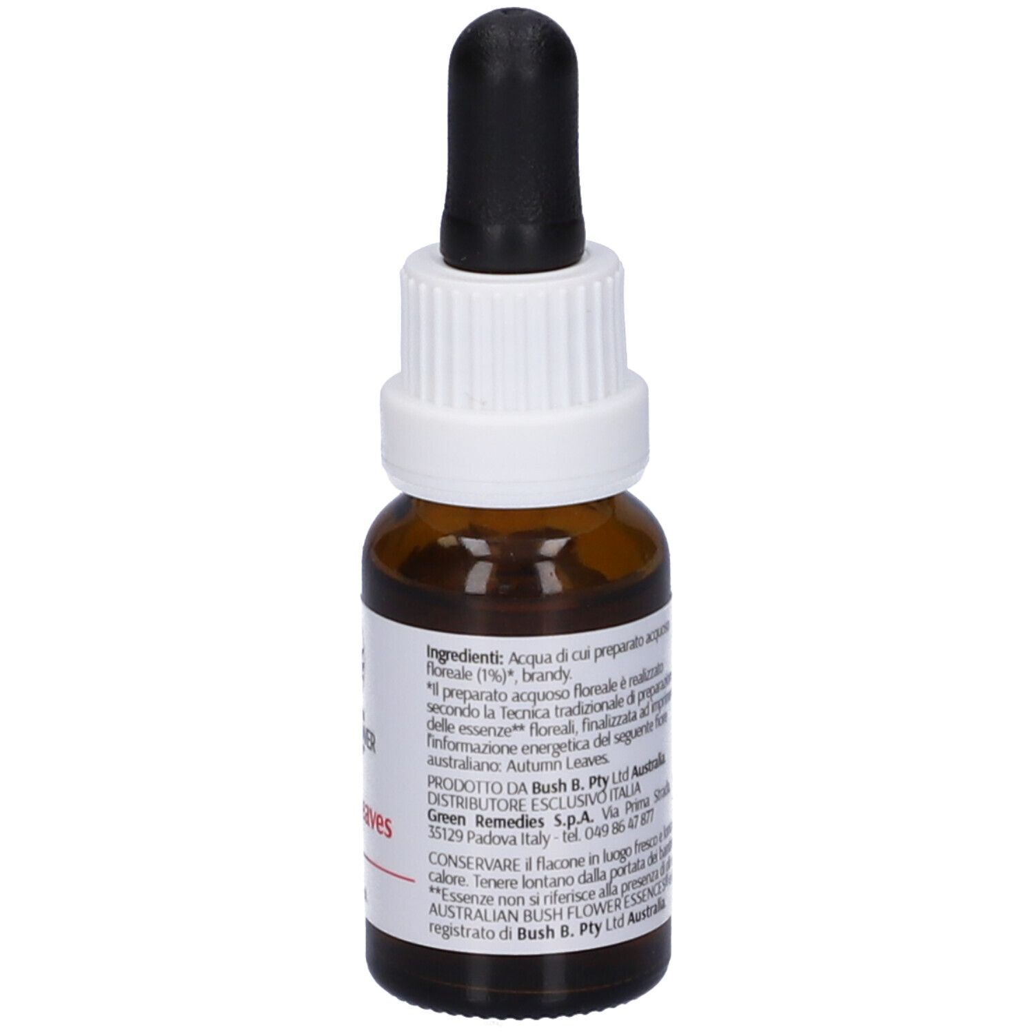 Flacone in vetro marrone con contagocce nero. Etichetta: Autumn Leaves, ingredienti, produttore.