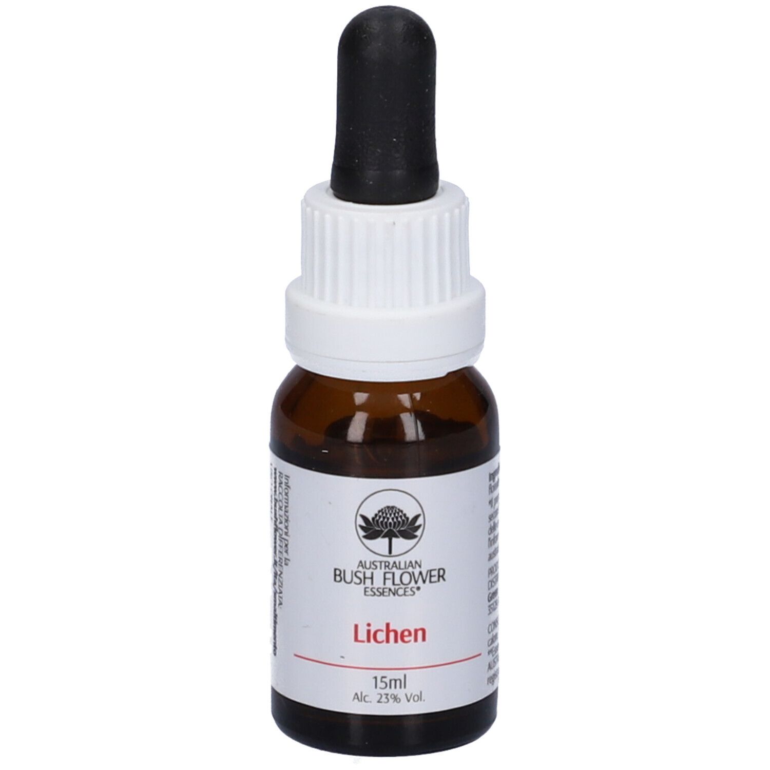 Flacone di vetro marrone con contagocce nero. Etichetta bianca con 'Lichen' e logo. 15ml, 23% Vol.