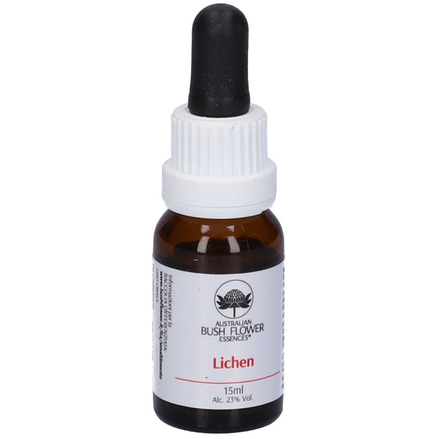 Flacone di vetro marrone con contagocce nero. Etichetta bianca con 'Lichen' e logo. 15ml, 23% Vol.