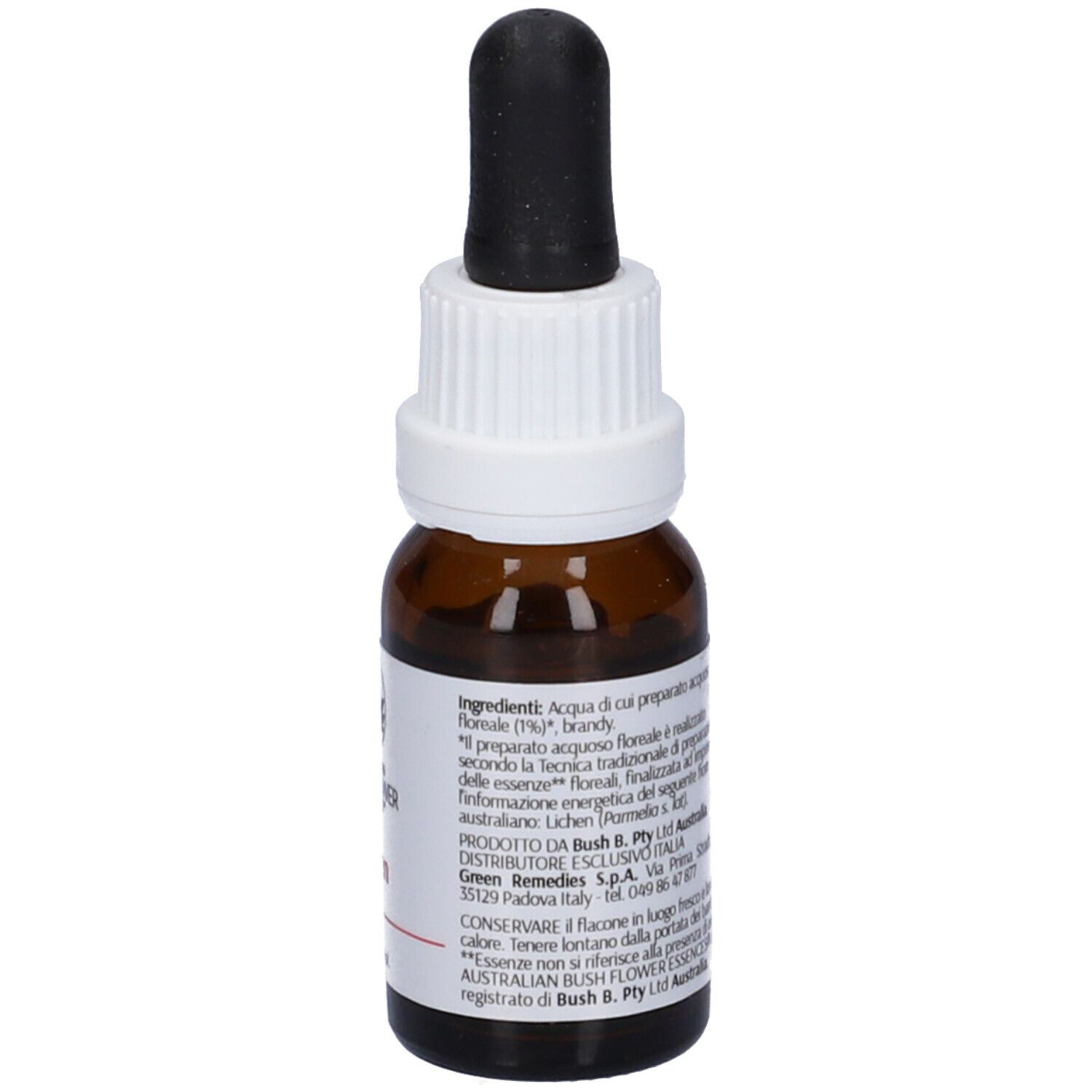 Flacone di vetro marrone con contagocce nero. Etichetta bianca con informazioni. Ingredienti e produttore.