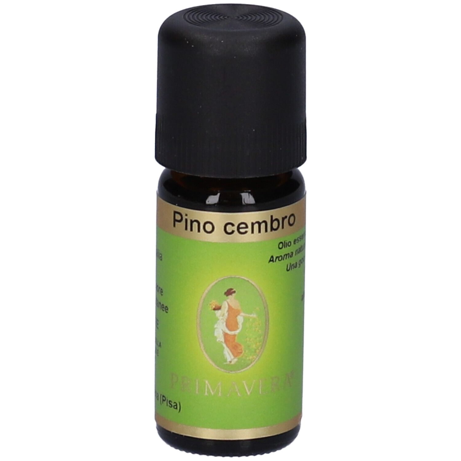 Flacone in vetro marrone con tappo nero. Scritta: Pino cembro. Marchio Primavera.