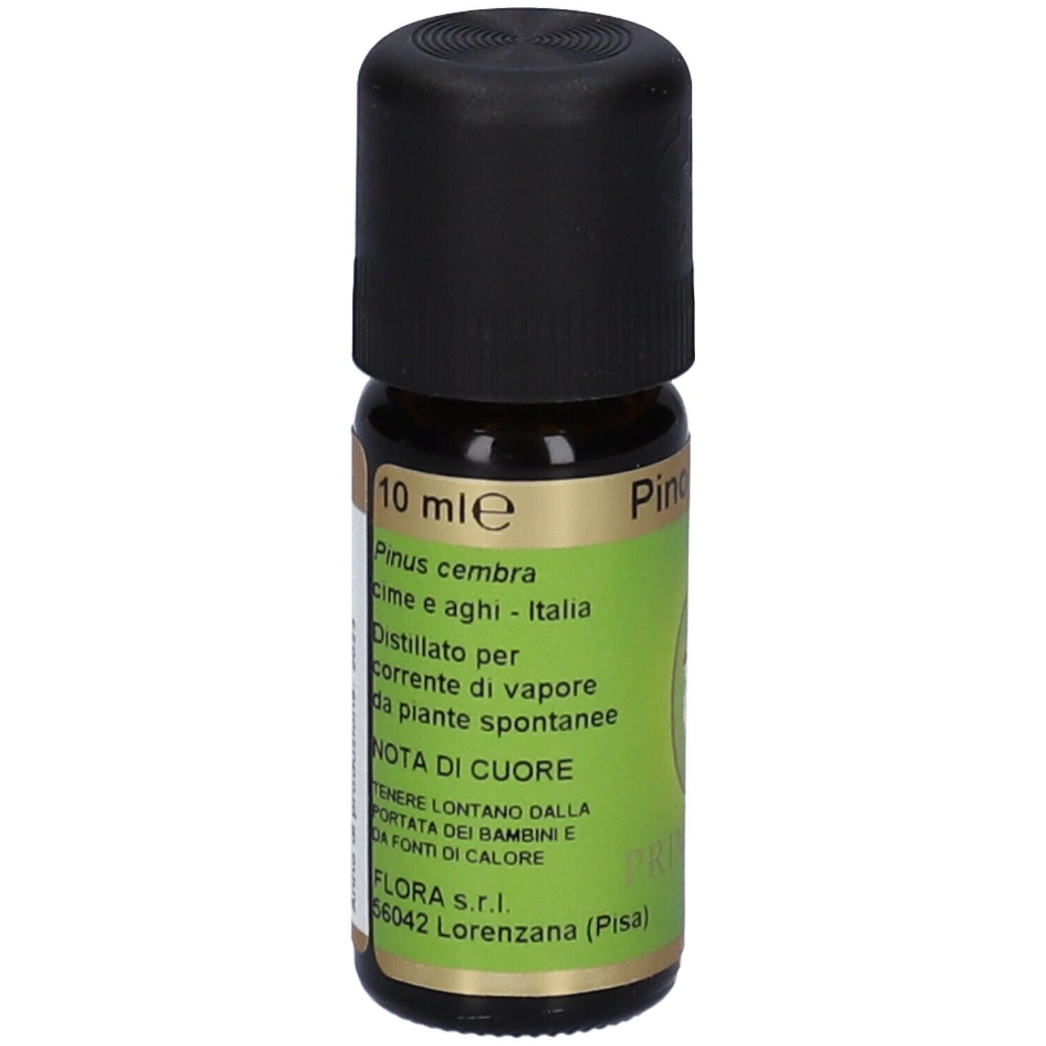 Flacone in vetro marrone con tappo nero. Scritta: 10 ml. Marchio Primavera.