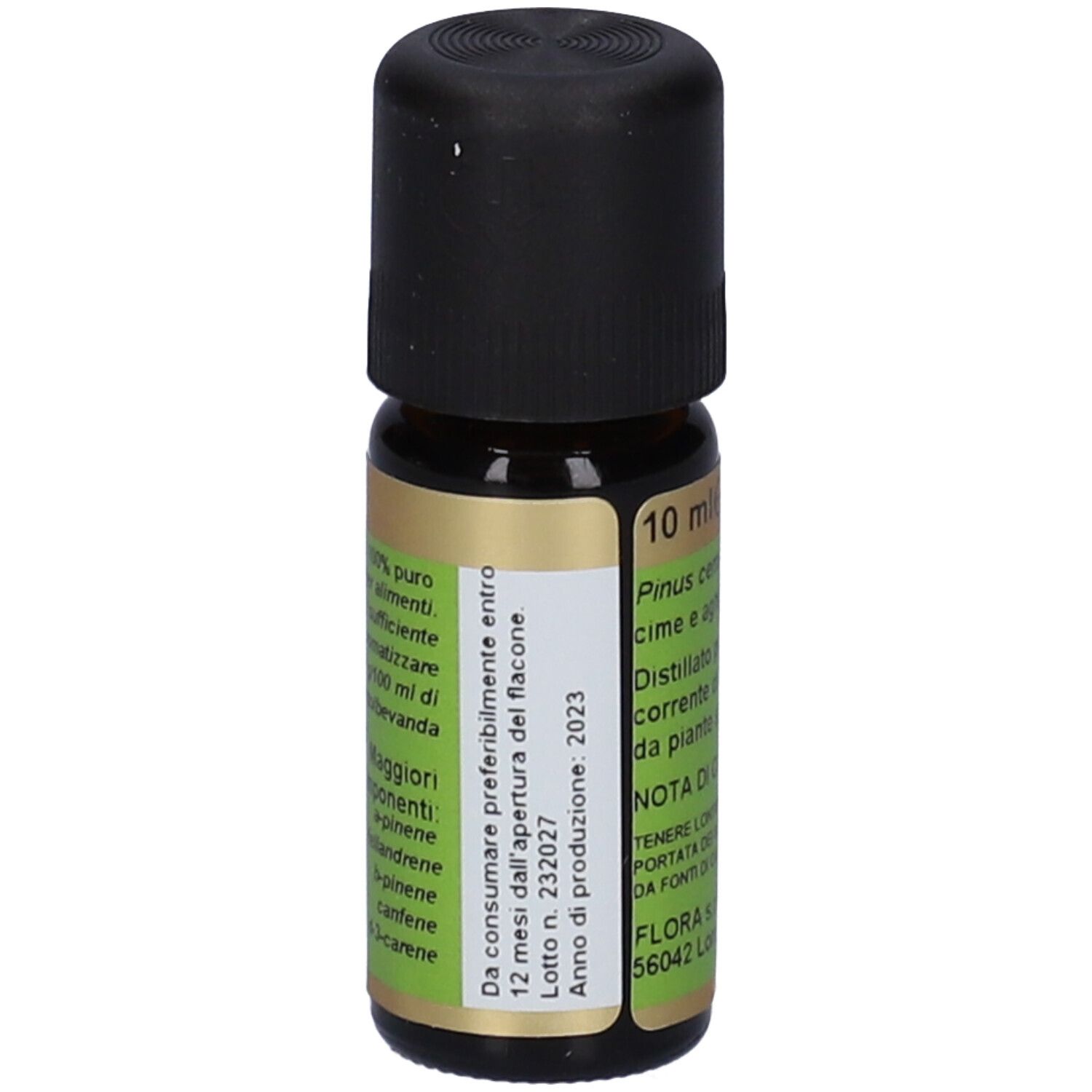 Flacone in vetro marrone con tappo nero. Scritta: 10 ml. Marchio Primavera.