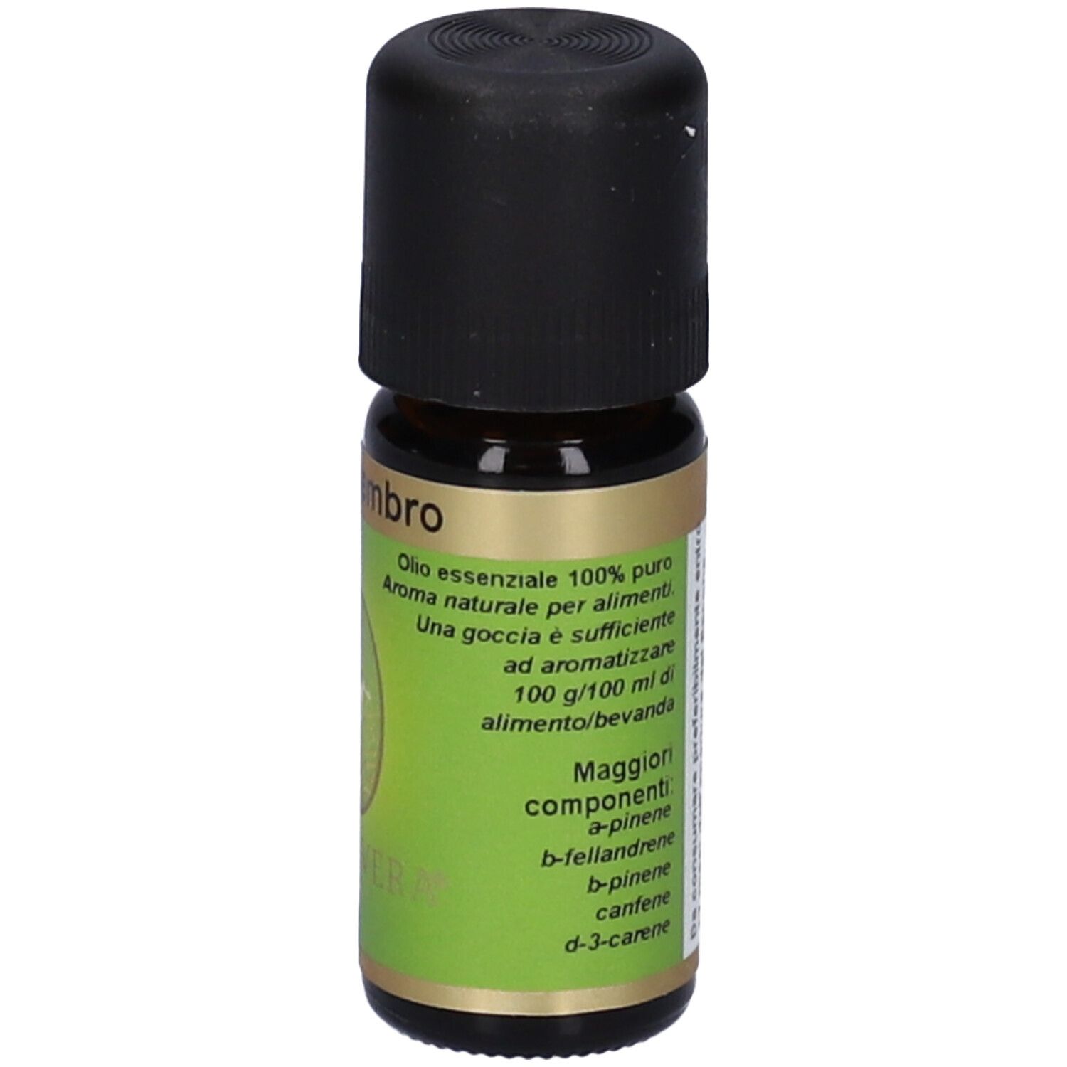 Flacone in vetro marrone con tappo nero. Scritta: Pino cembro. Marchio Primavera.