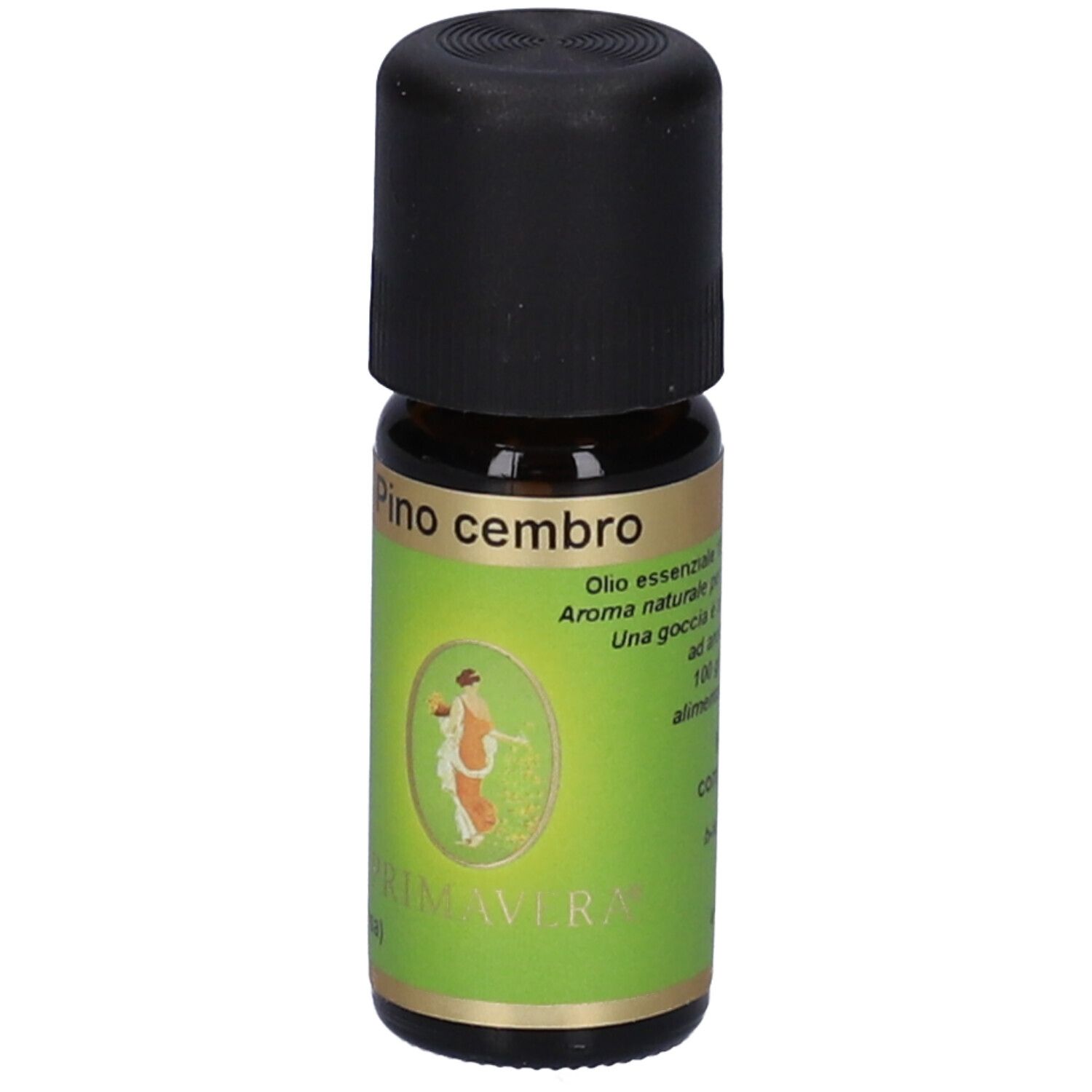 Flacone in vetro marrone con tappo nero. Scritta: Pino cembro. Marchio Primavera.