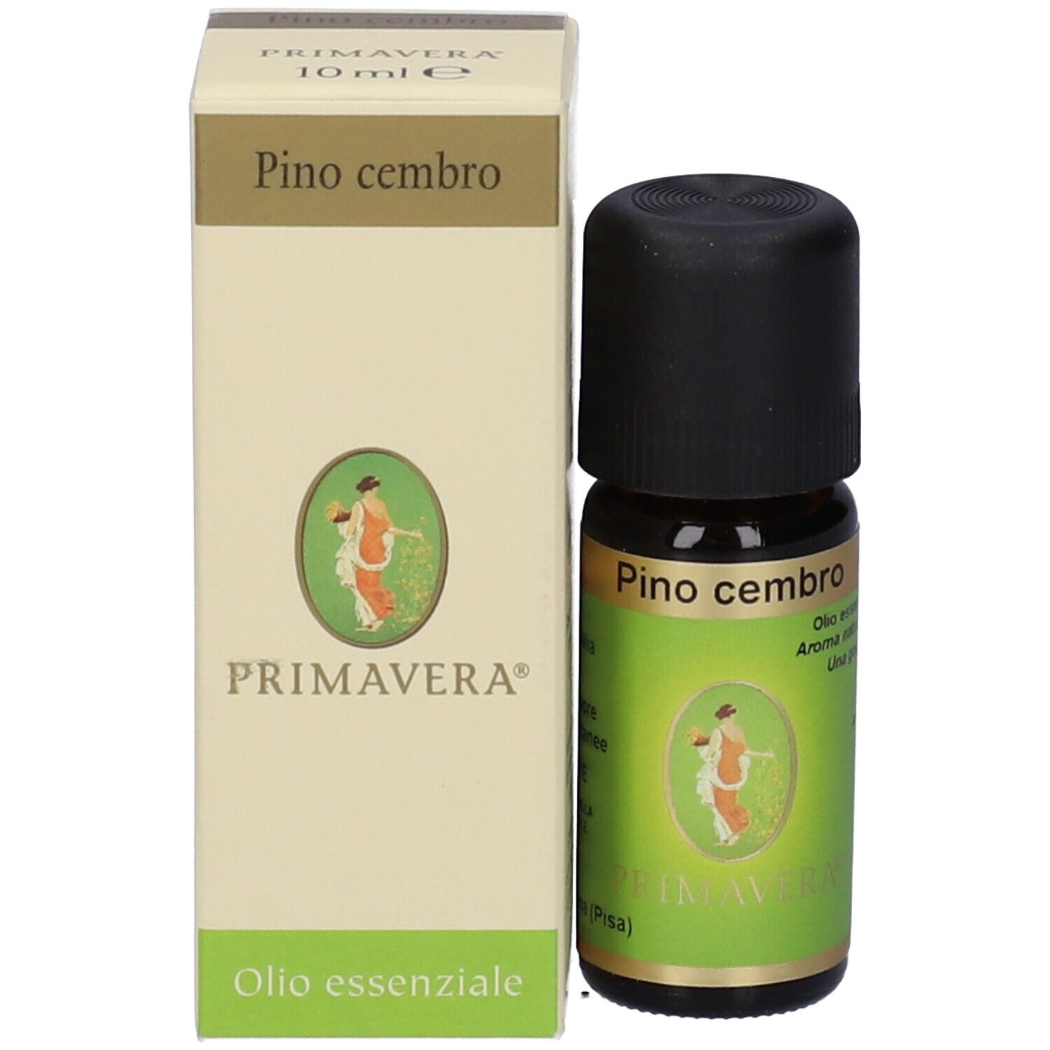 Flacone e scatola. Scritta: Pino Cembro. Marchio Primavera.