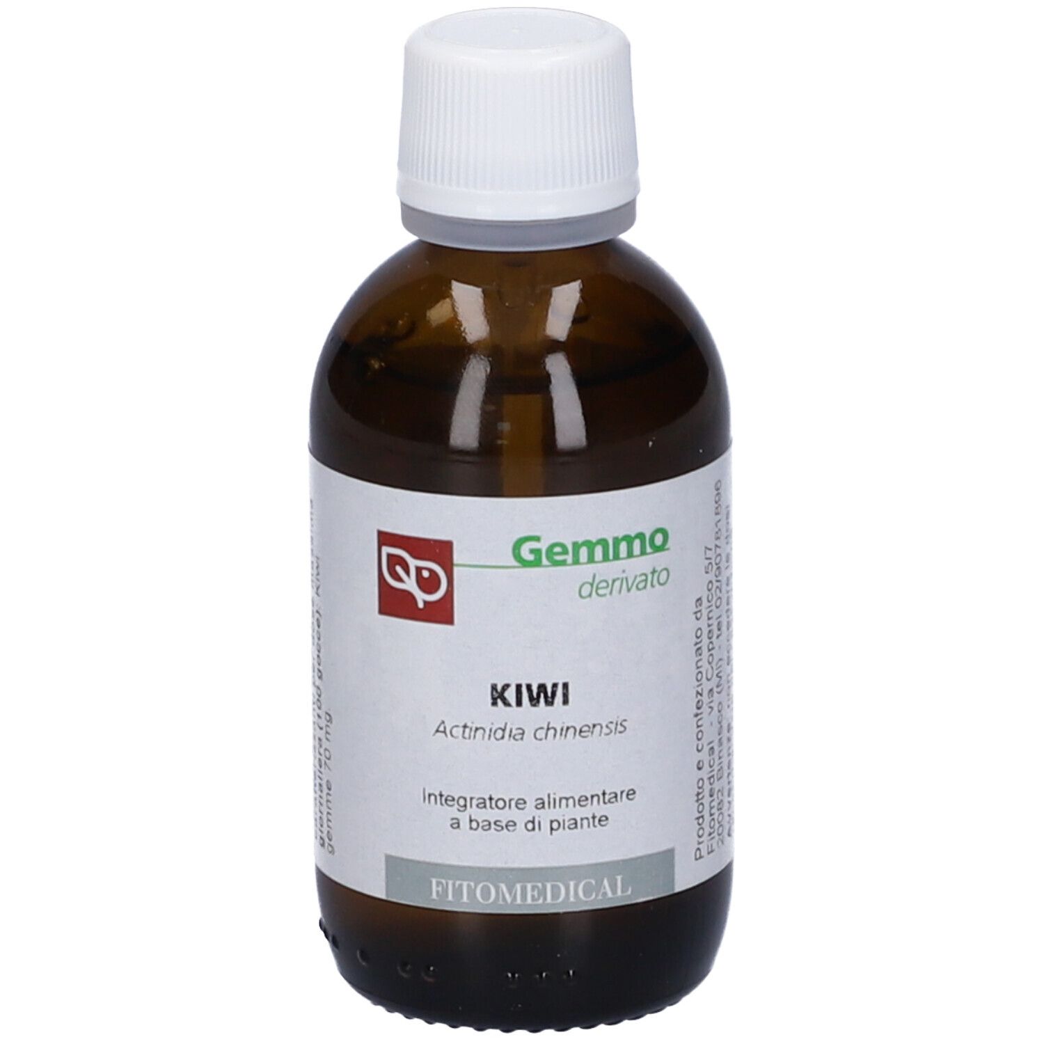 Flacone di vetro marrone con tappo bianco. Etichetta con testo: Kiwi, Actinidia chinensis, Gemmo derivato, FitoMedical.